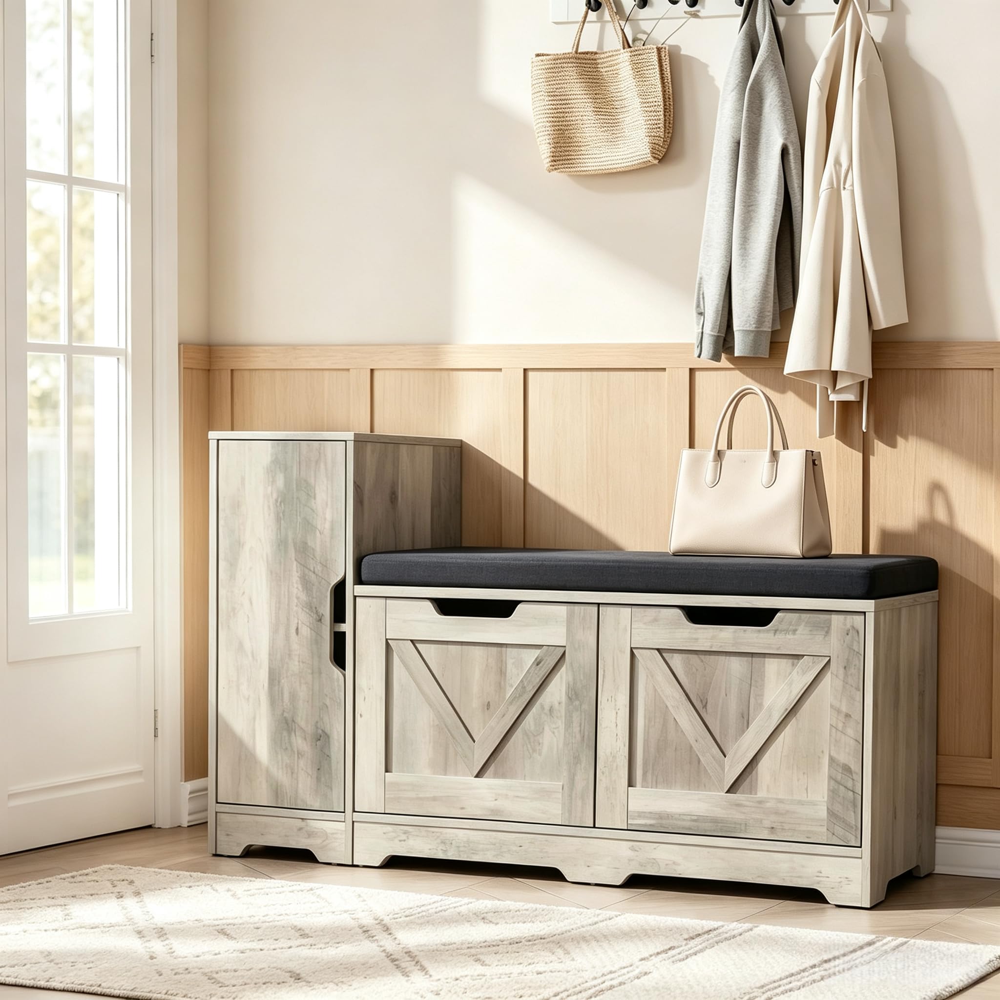 YITAHOME Banc à Chaussures, Meuble Chaussure Banc avec Siège Rembourré et Coussin, Double Porte Ouverte Rangement Chaussure avec Armoires Latérales, Meuble d'Entrée, 105 x 37 x 65.5cm, Gris