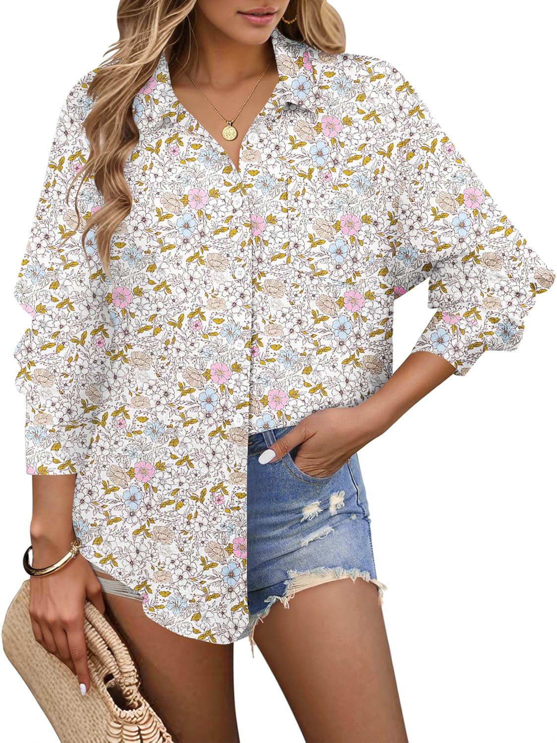 HOTOUCH Womens Button Down Shirts Linen Cotton Long Sleeve Blouses Casual Collared Loose Fit Gauze Tops with Pocket - Image 2