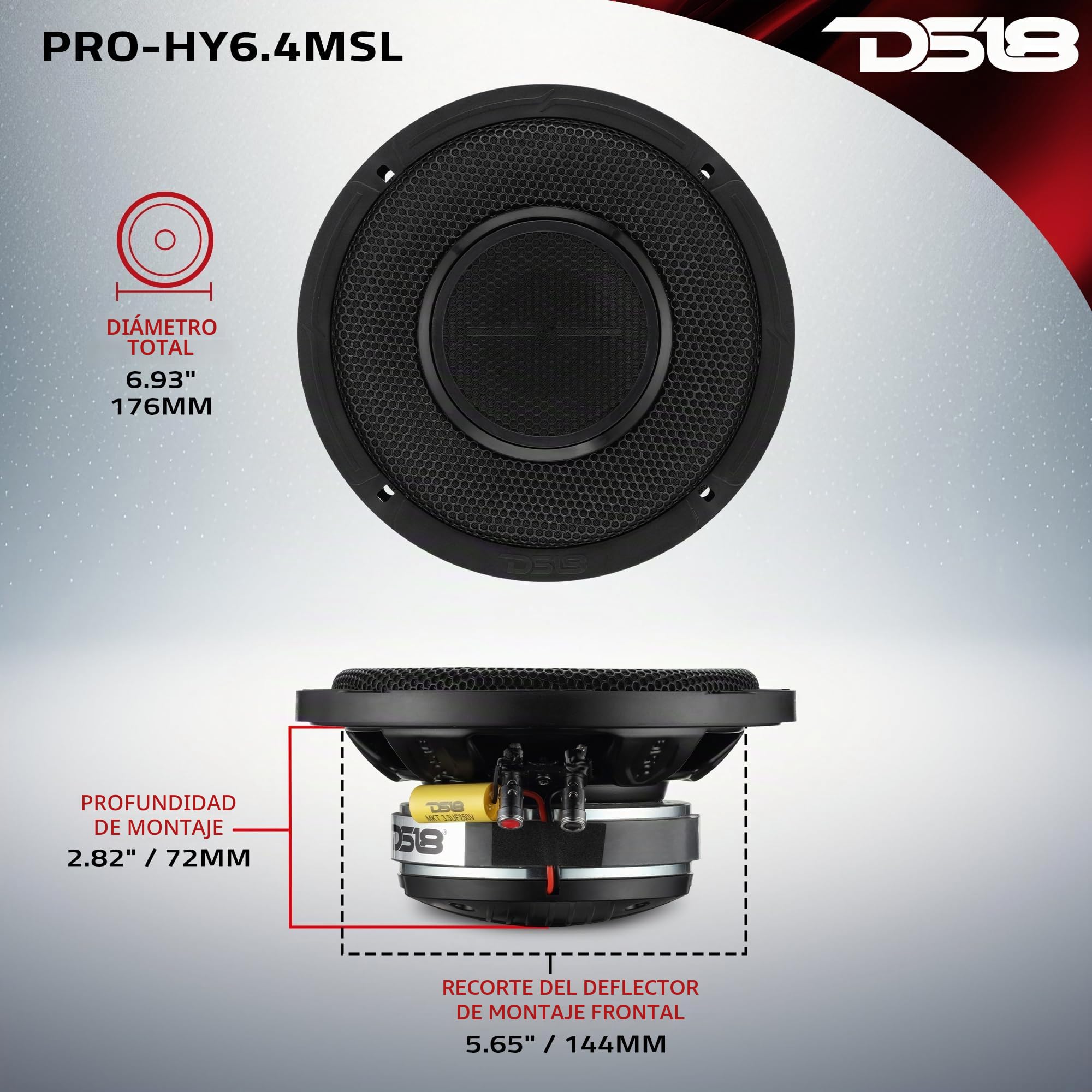 DS18 Pro-HY6.4MSL - Altavoz híbrido de Rango Medio para Coche de 6.5 Pulgadas con Controlador Integrado y Parrilla incluidos, 300 W máximo 150 W RMS 4 ohmios (1 Altavoz)
