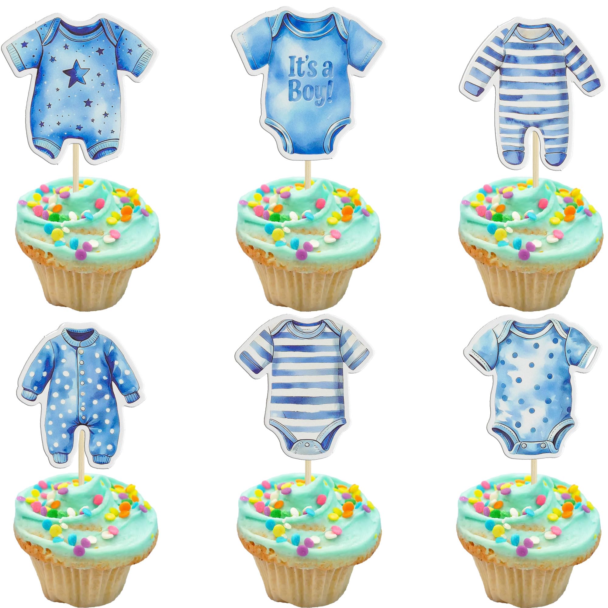 Gyufise 36Pcs Bodysuit Cupcake Toppers Double Sided Jumpsuits Cupcake Picks It's a Boy Baby Shower Decorations for Boys Kids Birthday Gender Reveal Party Decorations Supplies Light Blue