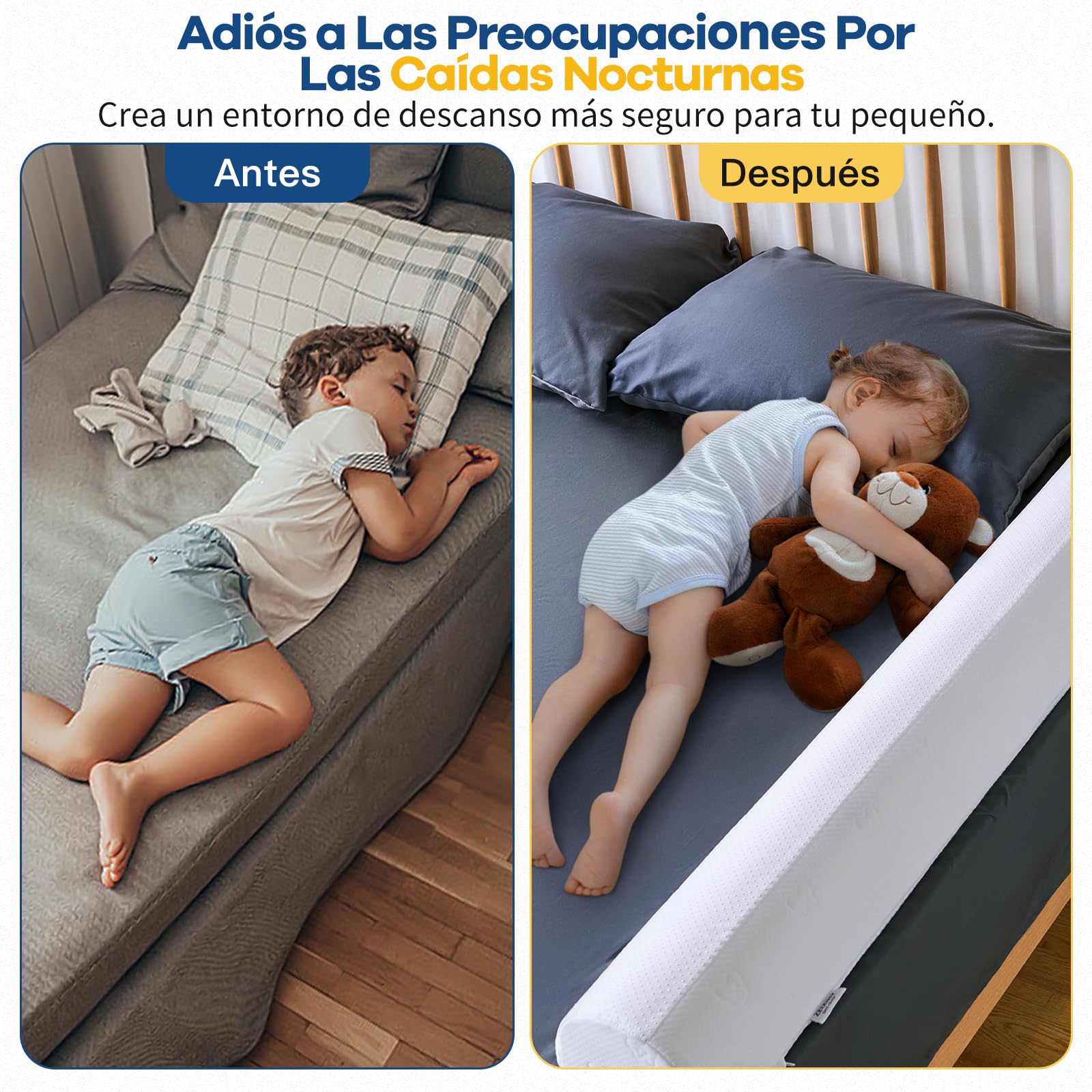 Barrera de Cama Infantil de Espuma Semicircular, Protector de Cama con Funda Extraíble y Lavable, Antideslizante para Camas Individual, Matrimonio, Queen y King, 132 × 18 × 12 cm, Pack de 2