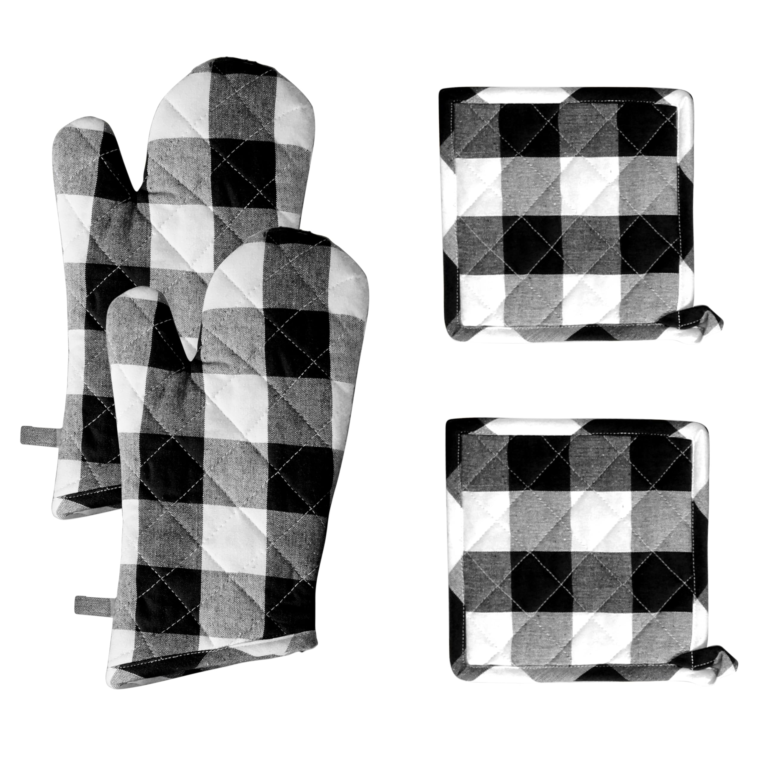 Native Fab Buffalo - Set di 4 guanti da forno e presine a quadri in 100% cotone, resistenti al calore, 2 guanti da forno (7 x 13), 2 presine (8 x 8) per cucinare e cuocere, nero e bianco