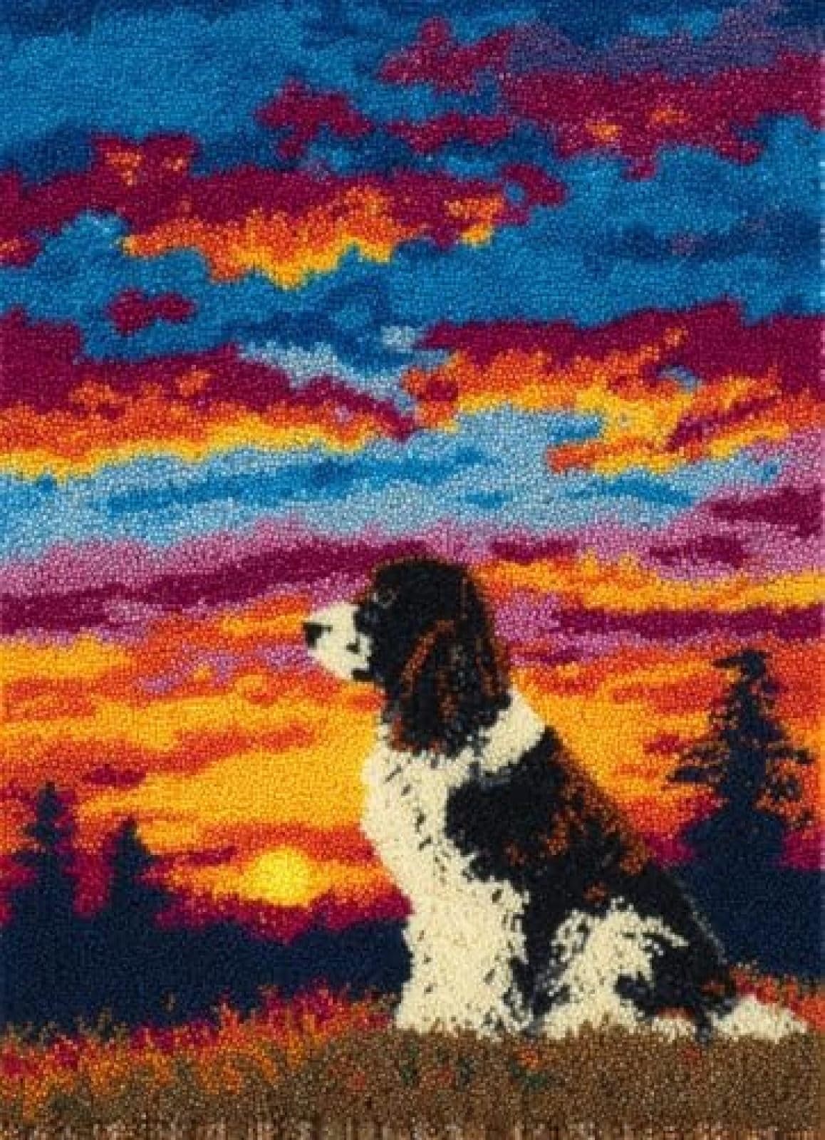 XDEGHUANGSS Latch Hook Rug Kit English Springer Spaniel Sit Under Sunset with Pre-Printed Mat Cover DIY Cushion Crochet Yarn Hooking Craft Set for Floor Decor 38x52cm-3