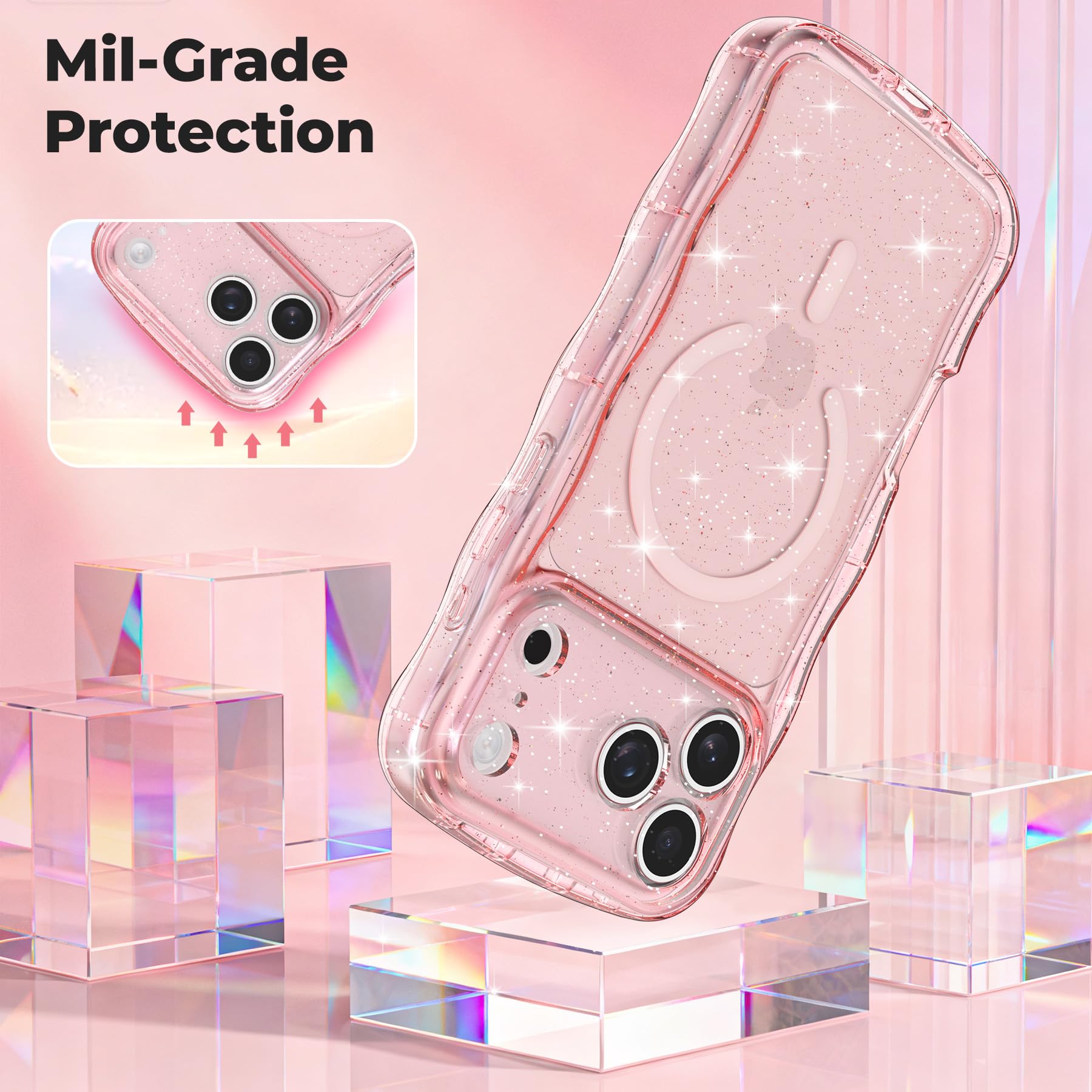 FABSPARK Glitzer-Schutzhülle für iPhone 17 Pro Max, passend für MagSafe, Rosa | Magnetischer gewellter Rahmen, glitzernder Glitzer, transparentes Acryl, harter PC für iPhone 17 Pro Max, Rosa