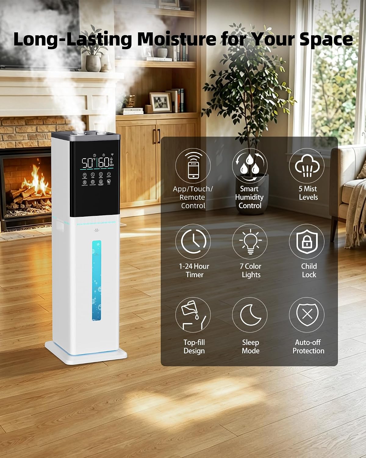 Smart House Humidifier for Large Room, 3.2Gal Cool Mist,1000ft² | 60H Runtime Humidifier with App & Remote Control, Smart Humidity, 5 Mist Levels for Bedroom, Home, Plants & Commercial 6 81zWM06YA2L. AC SL1500