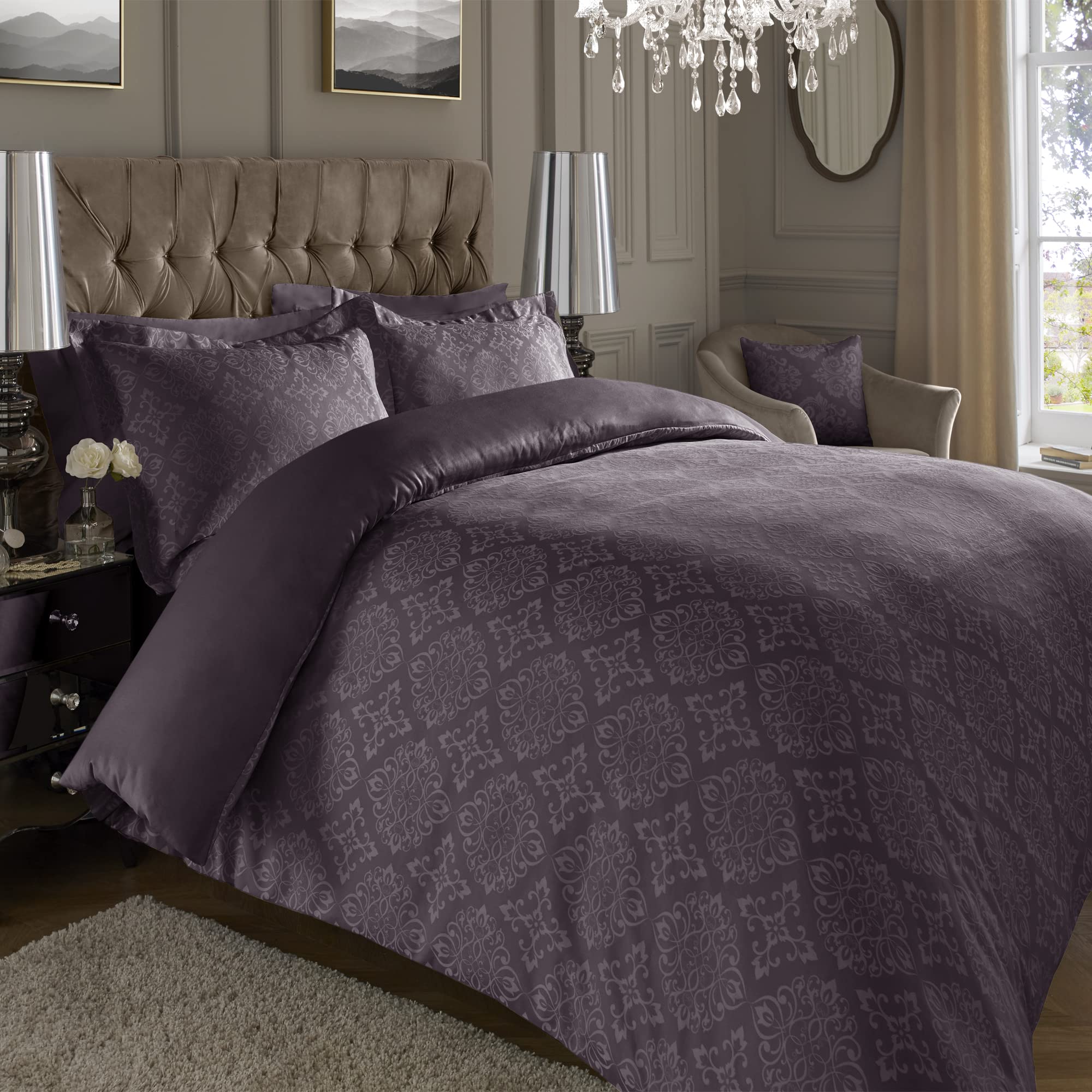 Ed Plum Damask Luxury 600 Thread Count Jacquard Duvet Cover 3 Piece Set | Super Soft Cotton Rich & Warm Bedding | Damask Pattern Quilt Cover (Super King, )