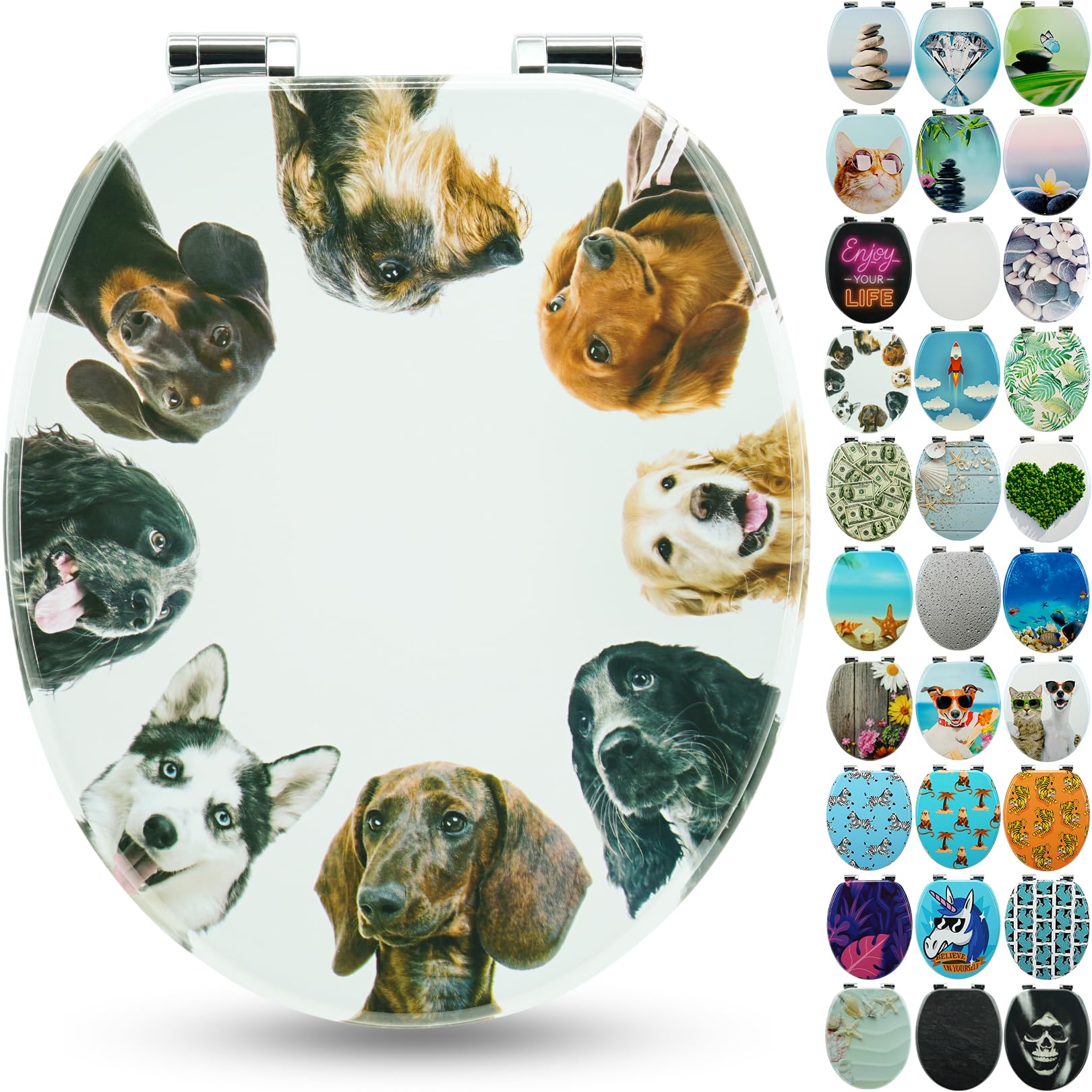 Sanfino® Premium Toilet Seat with Soft Close - Wooden Toilet Lid, Lots of Colourful and Decorative Designs, high Seating Comfort, Easy to Install Including Instructions - "Dog Circle" — image 1