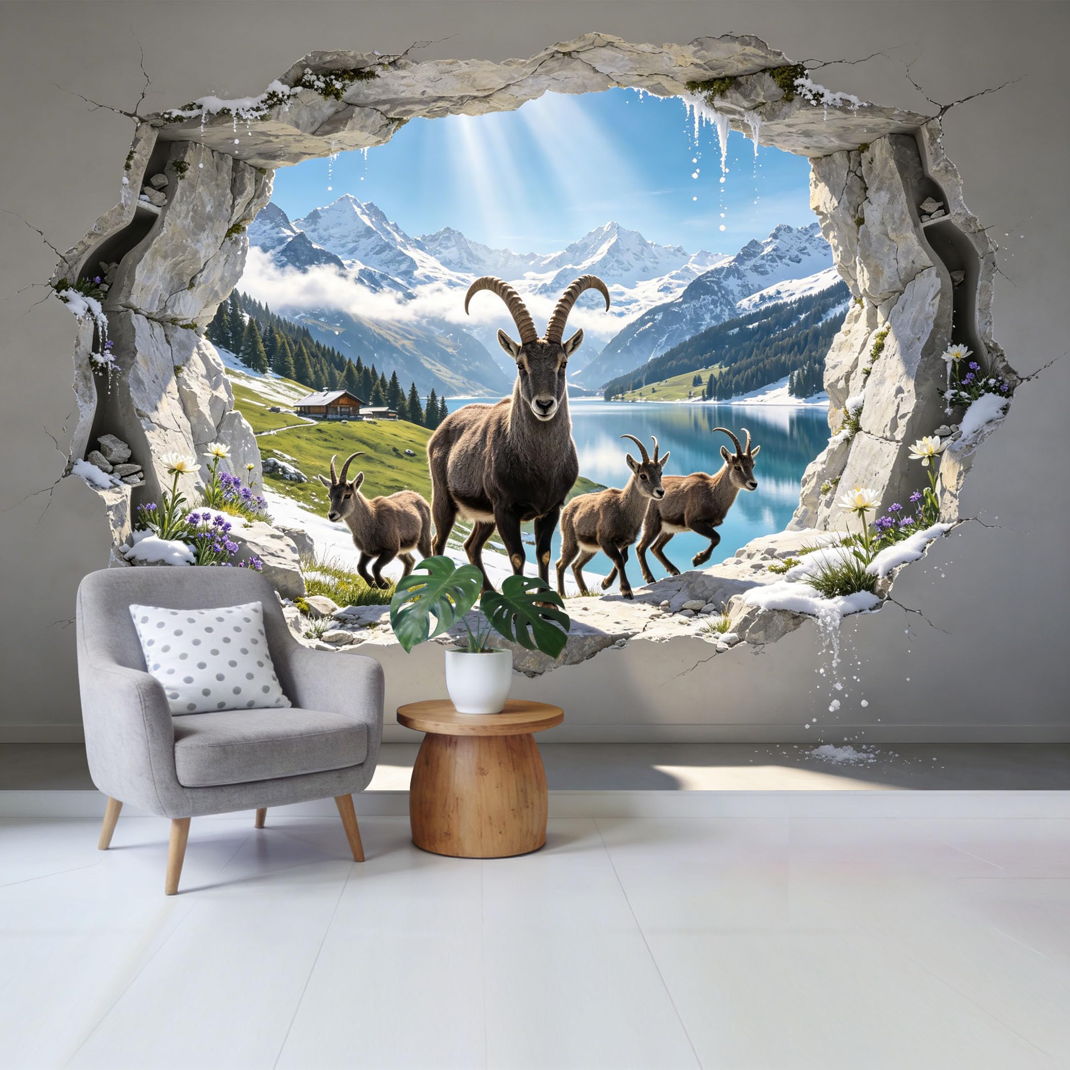 Custom Size Wall Mural Alpine Mountain Ibex Family Lake Scenery 3D Trompe L'Oeil Removable Self Adhesive Fabric，Home Wall Decor for Living Room Bedroom Bathroom