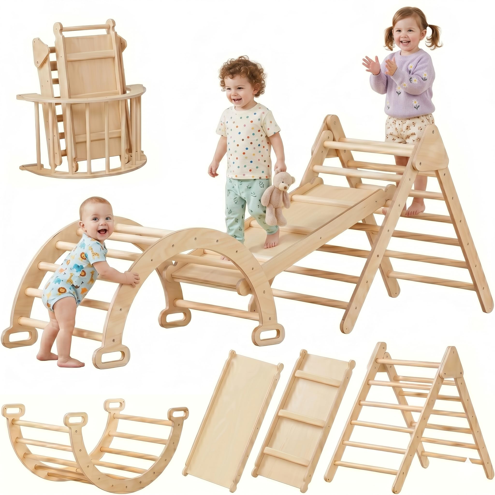 LINKHOO Pikler Triangle Set of 3, Wooden Montessori Climbing Set for Toddlers Ages 2-6, Indoor Jungle Gyms with Arch, Ramp and Ladder, Natural