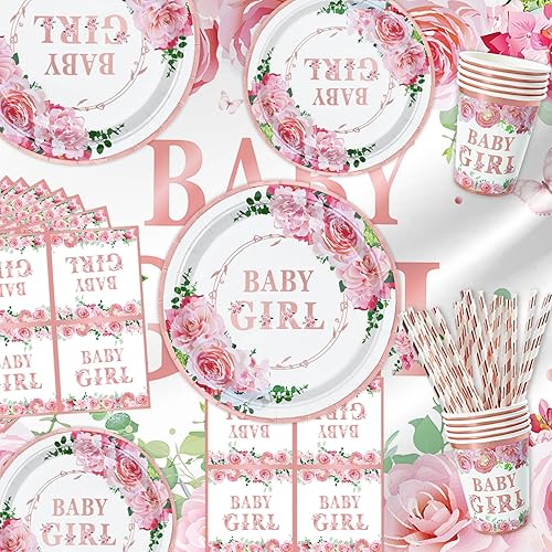 Miniatura 9 de 227 piezas de decoraciones de baby shower para niñas, suministros de fiesta de revelación de género, juego de vajilla, platos, servilletas, telón de