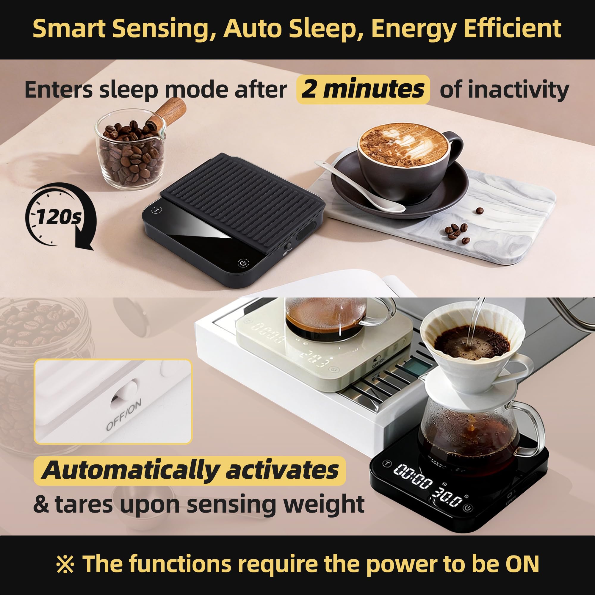 ShanSon Mini báscula de café con temporizador, báscula de espresso de alta precisión de 0,1 g, báscula digital de cocina de 2 kg/0,1 g con caudal, recargable por USB-C, superficie impermeable