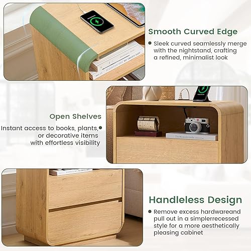 Miniatura 7 de Juego de 2 mesitas de noche modernas, mesa de noche grande de madera de 23.2 pulgadas con estación de carga y perfil curvo, 2 cajones de