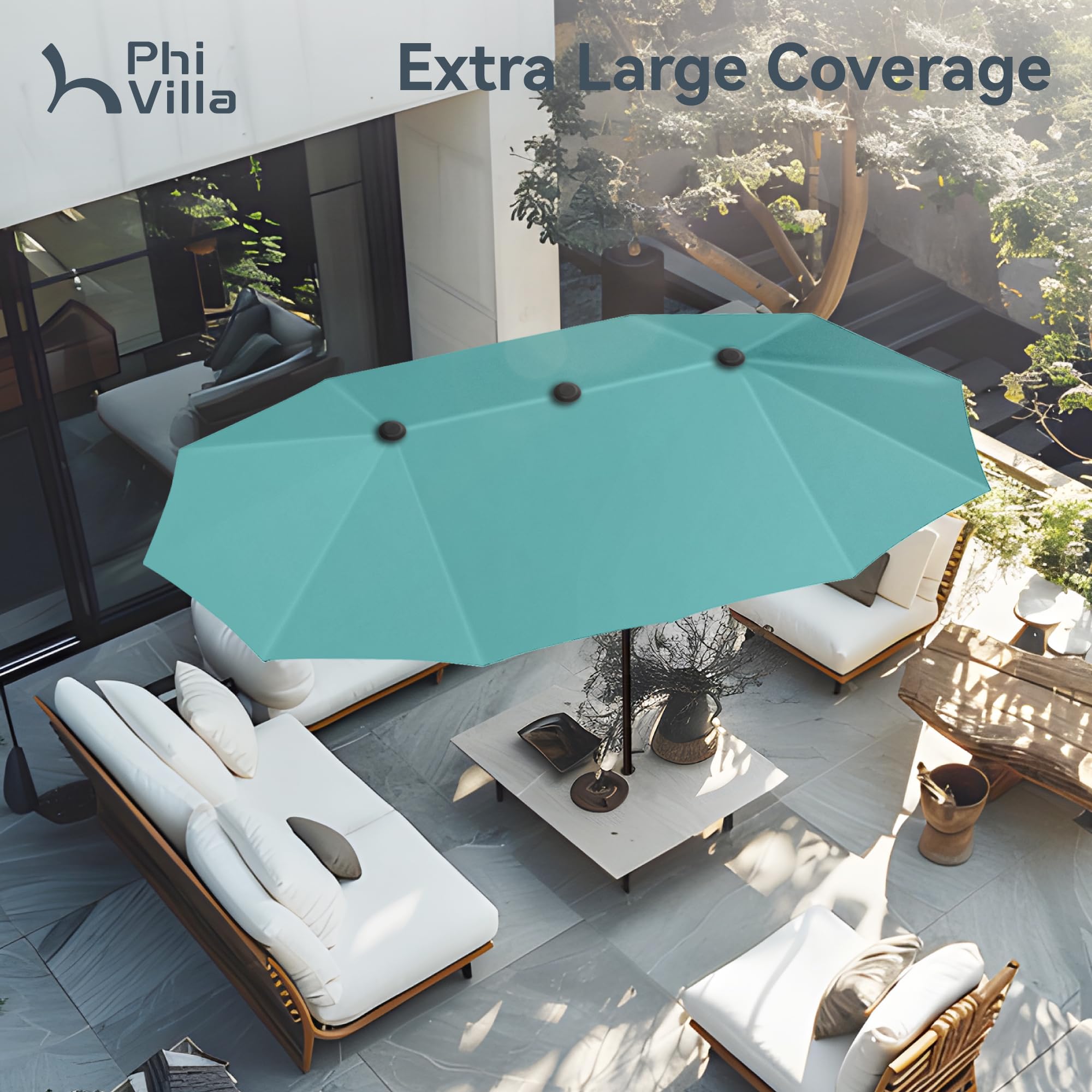 PHI VILLA 13ft Large Patio Umbrellas, Double-Sided Outdoor Market Rectangle Umbrella for Outside, Turquois