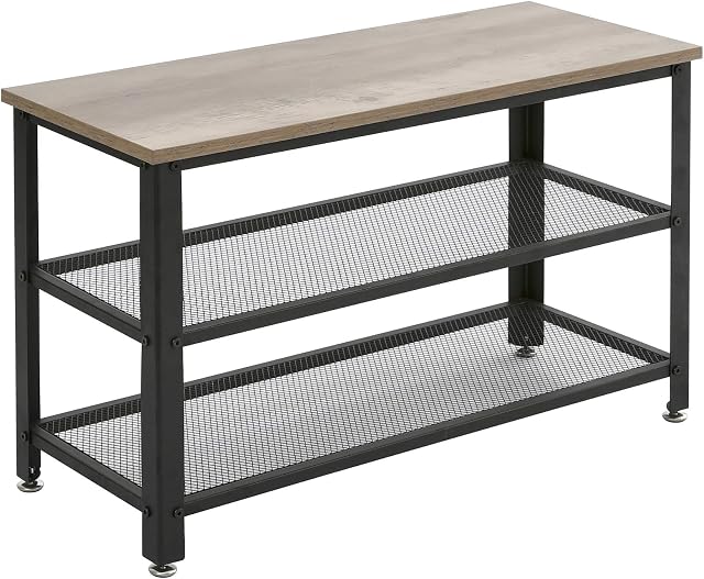 IBUYKE Shoe Bench, Industrial Shoe Rack, 3-Tier Storage Organiser with Seat Shelf, Steel Frame, for Entryway, Living Room, Hallway, Greige and Black, 73x30x45 cm, TMJ004Y