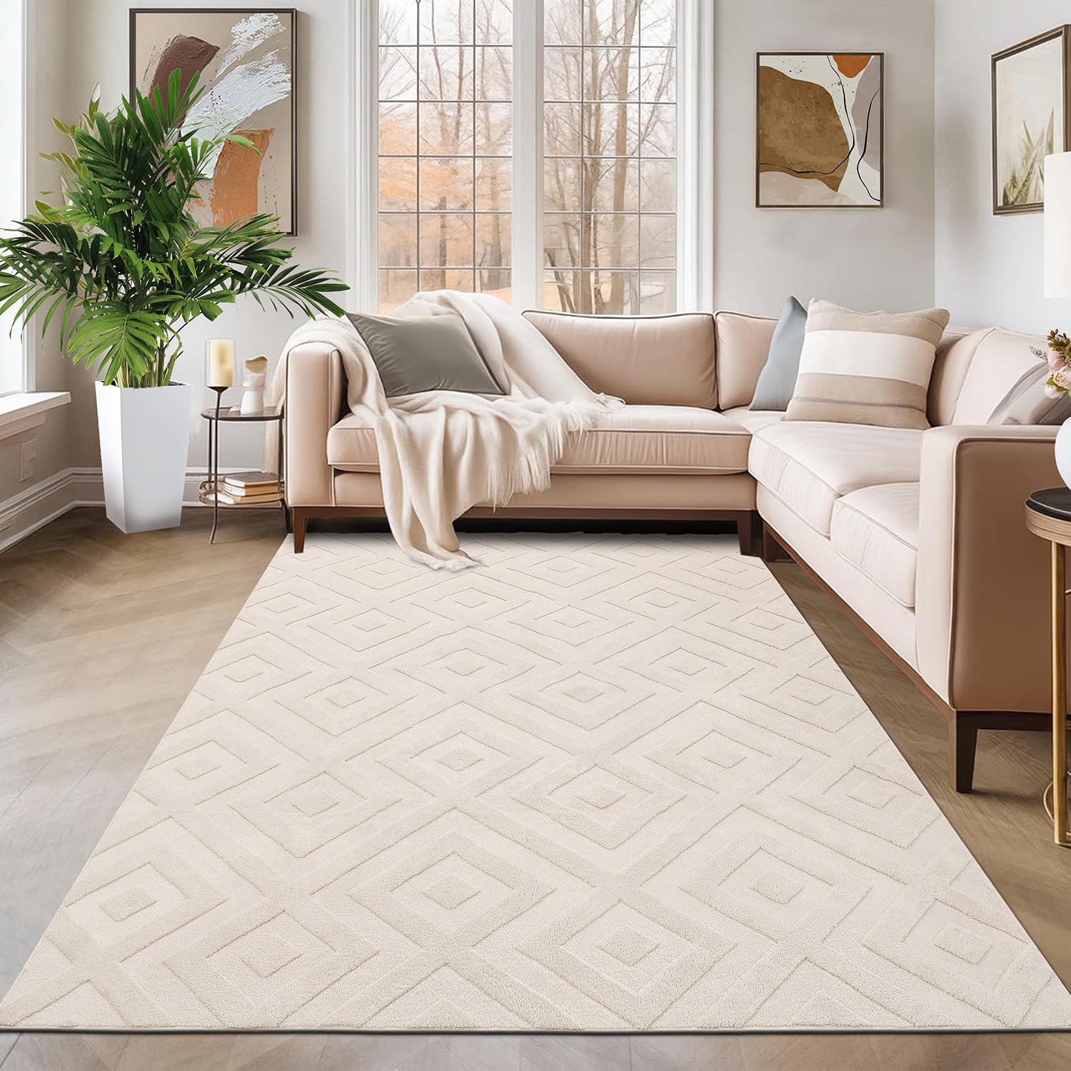 SHACOS Alfombra Salón Moderna Beige 120x160cm Alfombra de Habitación Bohemia Suave Antideslizante Tapete para Sala Pelo Corto Alfombra Decorativa para Salón, Habitación, Dormitorio y Comedor