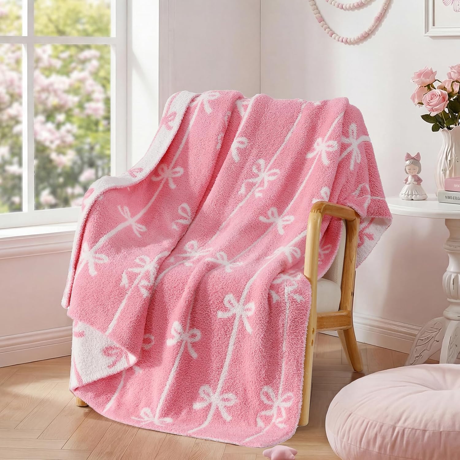 Pink Bow Throw Blanket - Soft Stripe Throw for Women Girls Teens Kids as Gifts Cozy Fuzzy Reversible Home Decor Blankets for Couch Sofa Bed Camping 50"x60"
