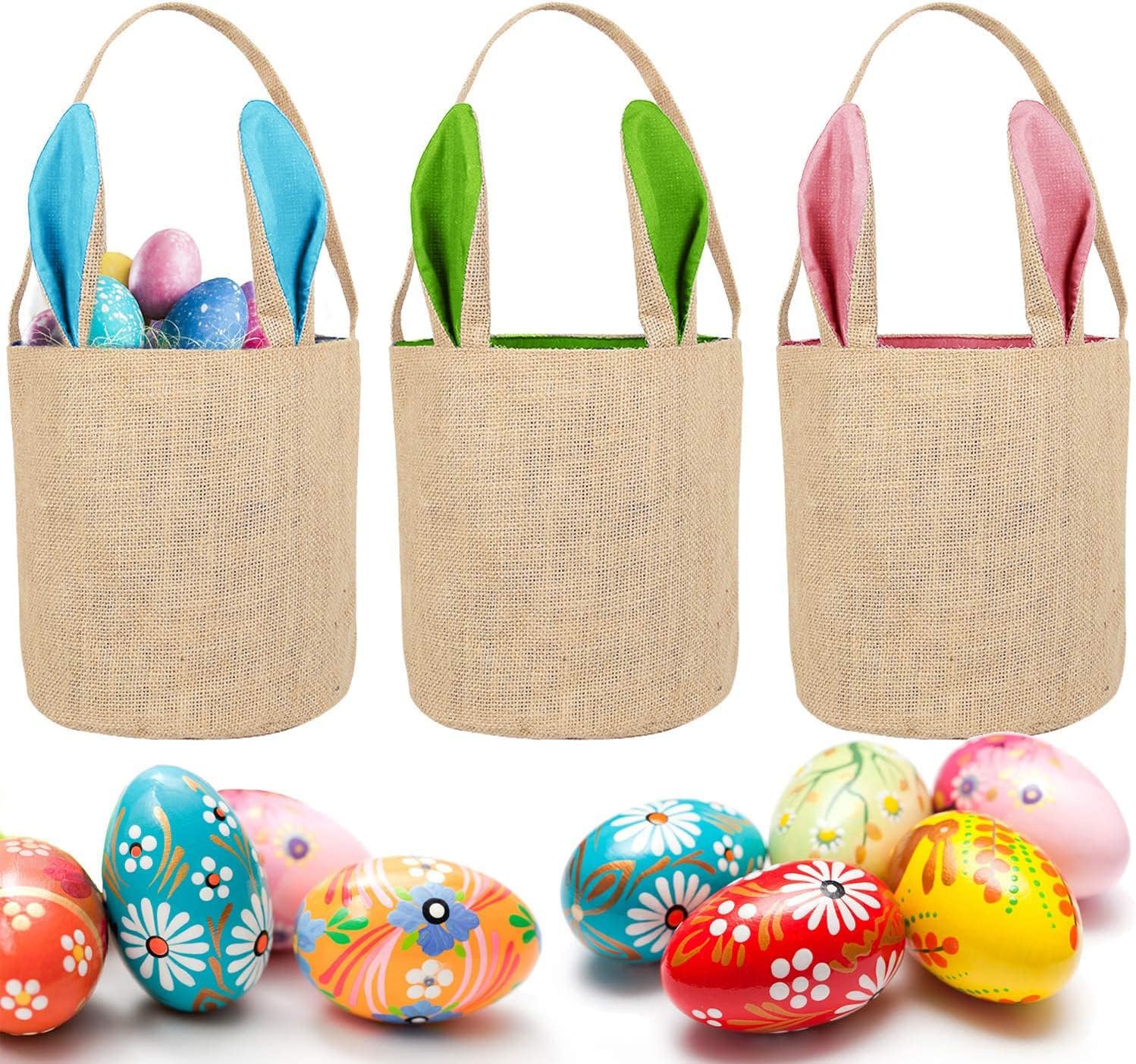 Chuangyinggo 3 Pcs Easter Bunny Baskets, Burlap Easter Bags