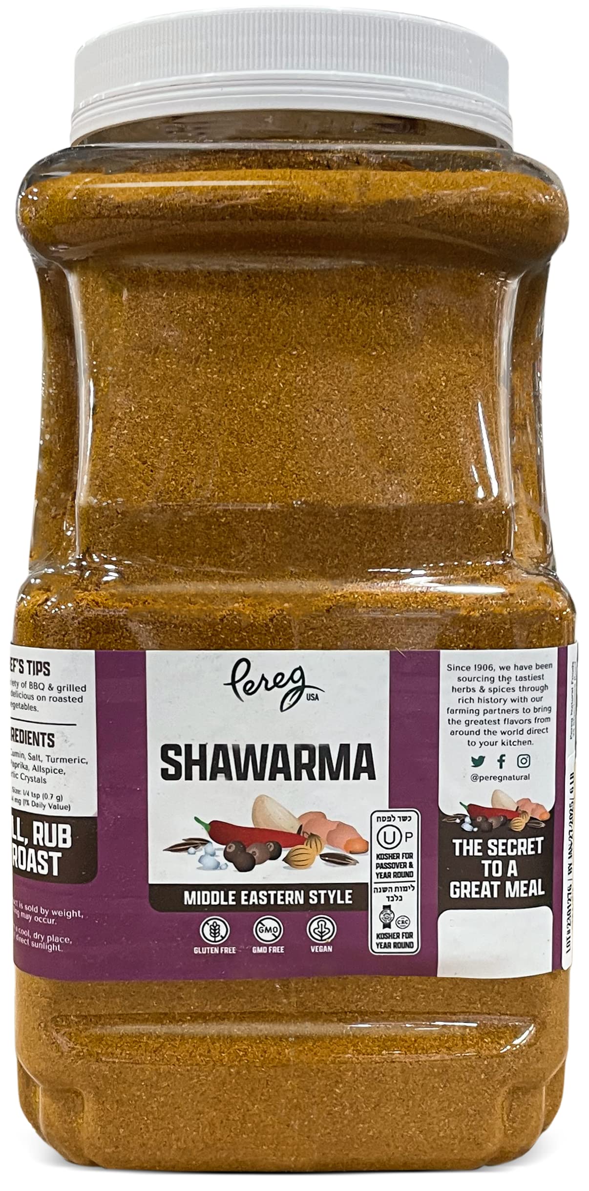 Pereg Bulk Shawarma Spice Seasoning (6 lb - Easy Grip Bottle) - Food Service Size - Spice Rub for Meat, Beef, Gyro & Poultry – Grill Flavor – Middle Eastern Spice Mix - Mediterranean - Non-GMO & Vegan