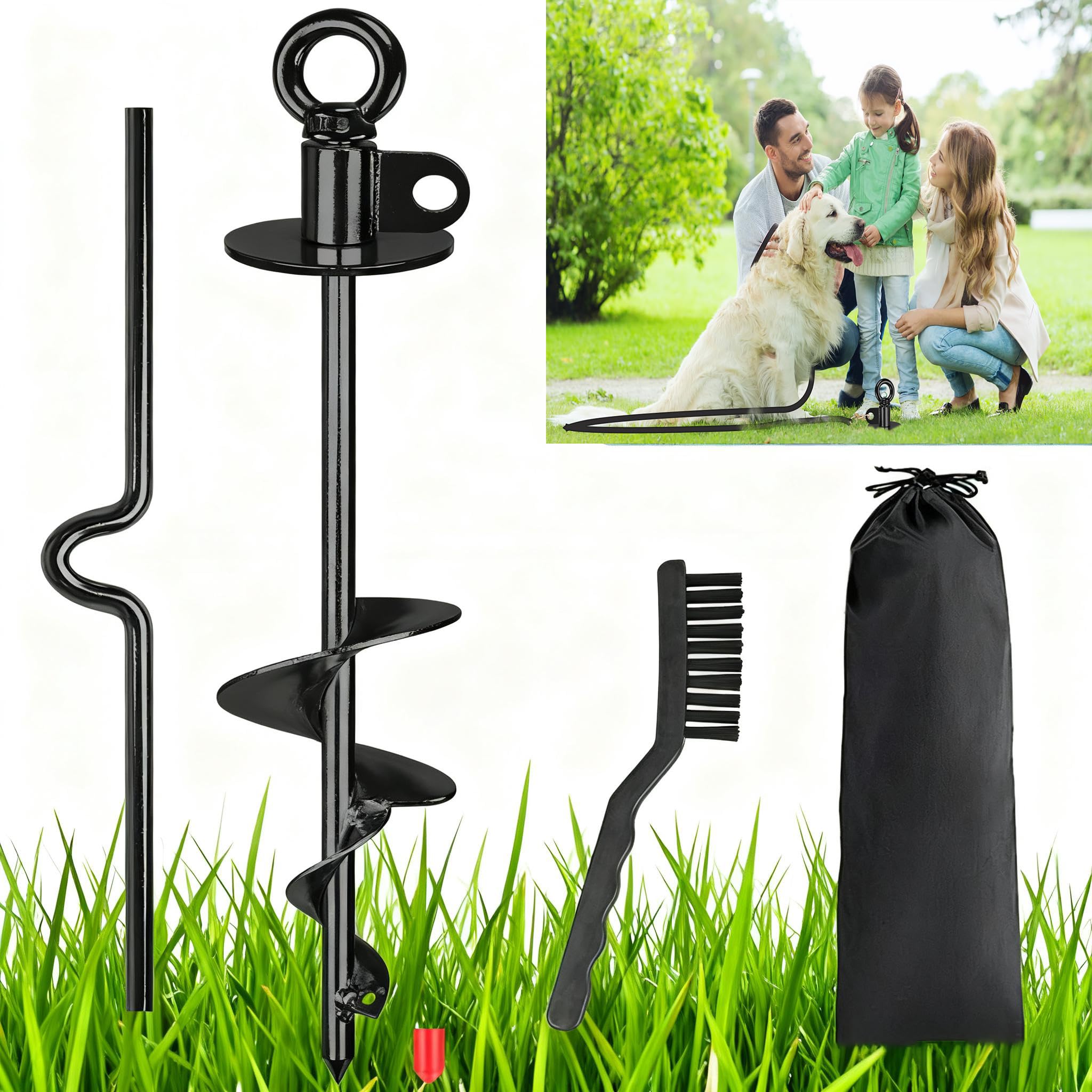 Bodenanker Hund, 38cm Schwarz Anlegepflock für Hunde, Hundestangen für Draußen, für Große Hunde bis zu 100kg, 360° Erdhaken Hund Bodenhaken Hund, ideal für Camping Oder Garten