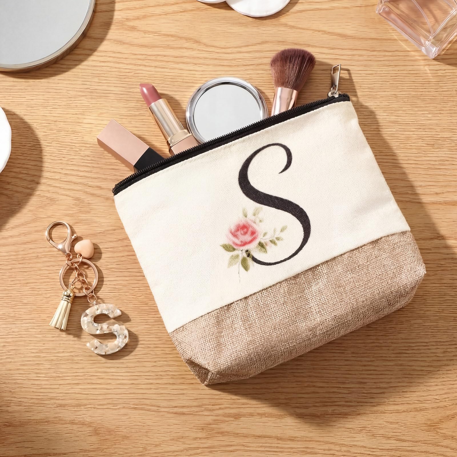 Hestya Trousse per Trucco con Lettera Iniziale Personalizzata Beauty Сase da Viaggio in Iuta con Portachiavi per Donna Matrimonio Compleanno Spiaggia Sorella Mamma Insegnanti Infermiere(S)