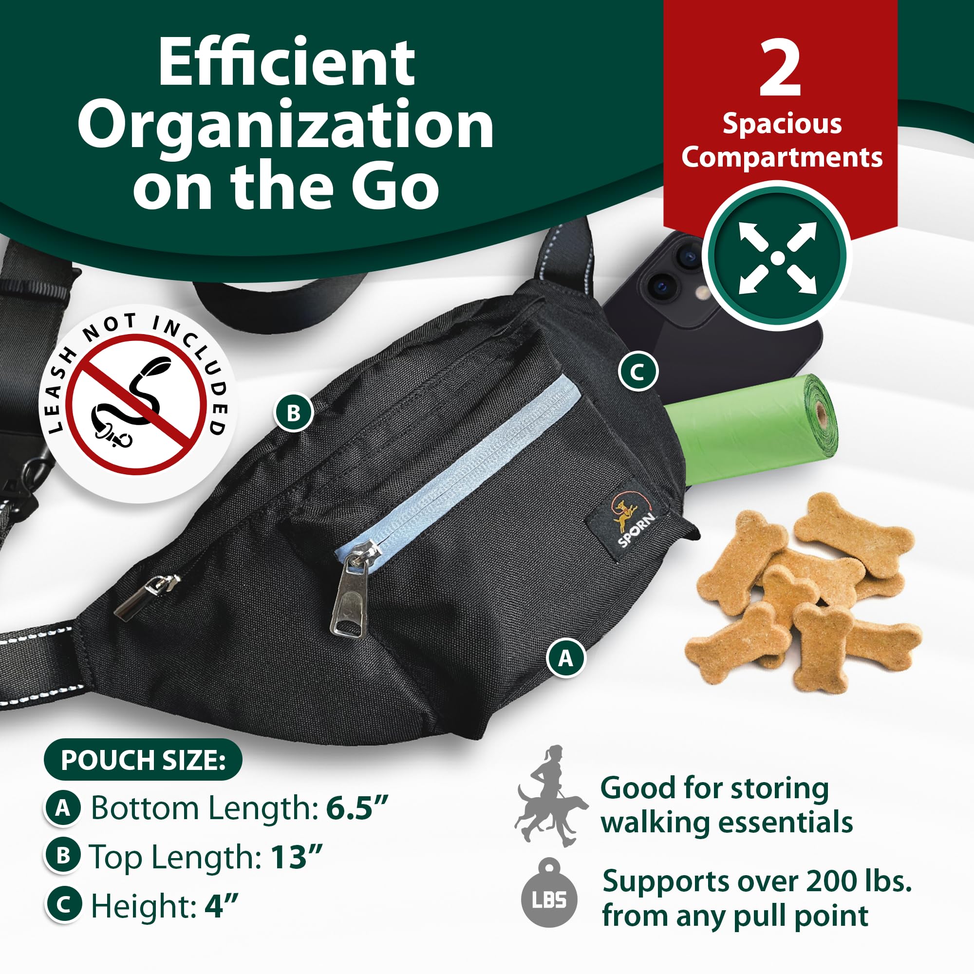 Sporn Sling-to-Belt – Pochette de dressage pour chien, sac à friandises respirant à double couture, sac banane pour la marche, la randonnée et la course à pied, supporte plus de 200 kg, noir