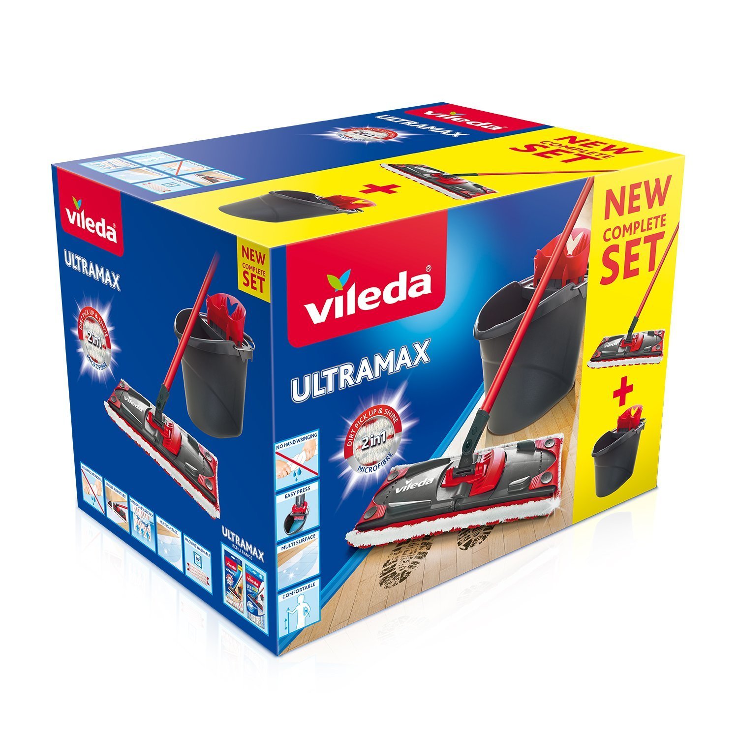 Kit Complet Vileda Ultramax - Balai à Plat, Seau-essoreur et Recharge - Convient à Tous Les Systèmes de Balais à Plat