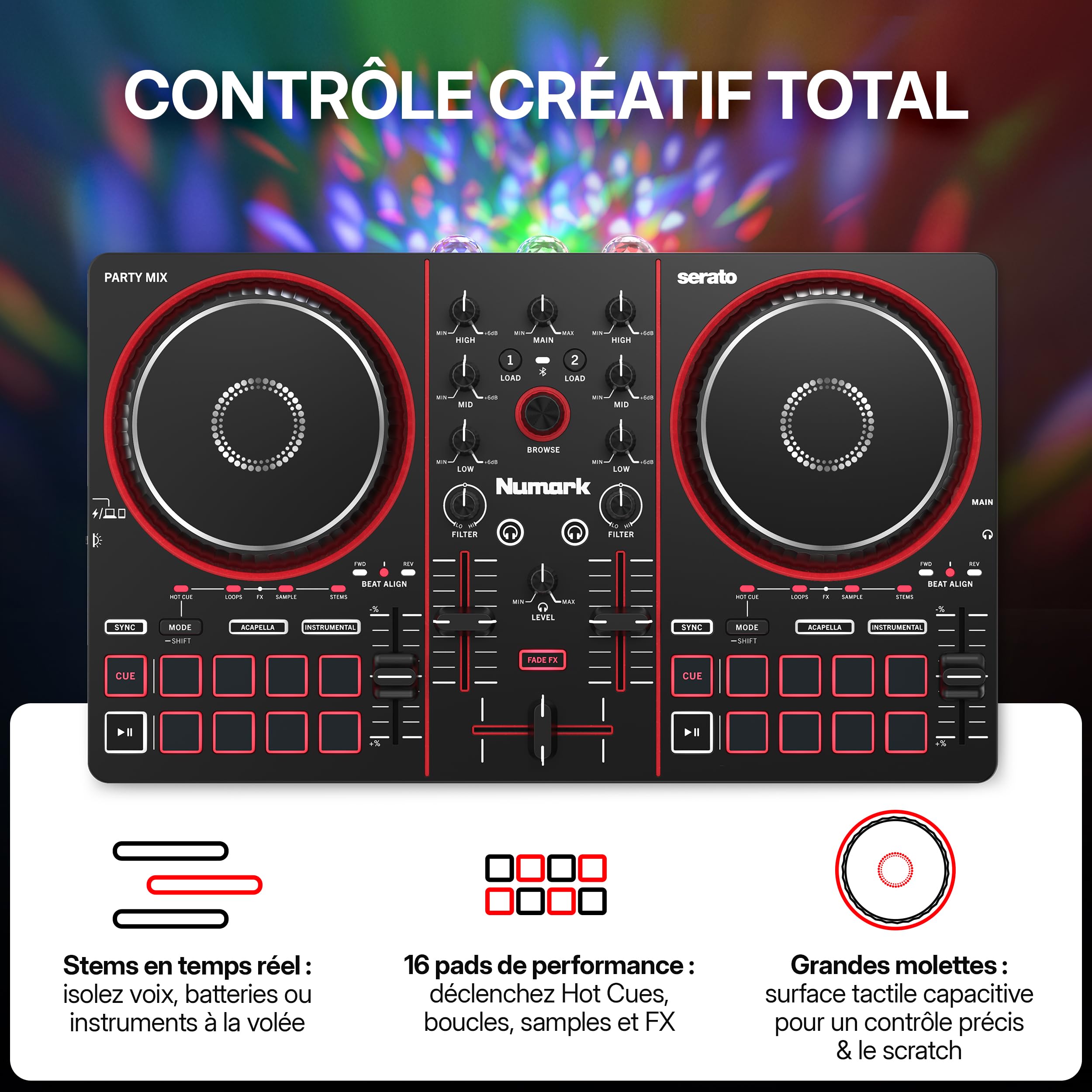 Numark Party Mix III Contrôleur DJ Bluetooth à Lumières Intégrées | Beat Assist, Smart Fader, 16 pads, mixeur DJ 2 decks, contrôle Stems, USB-C, Serato DJ Lite et Algoriddim djay inclus