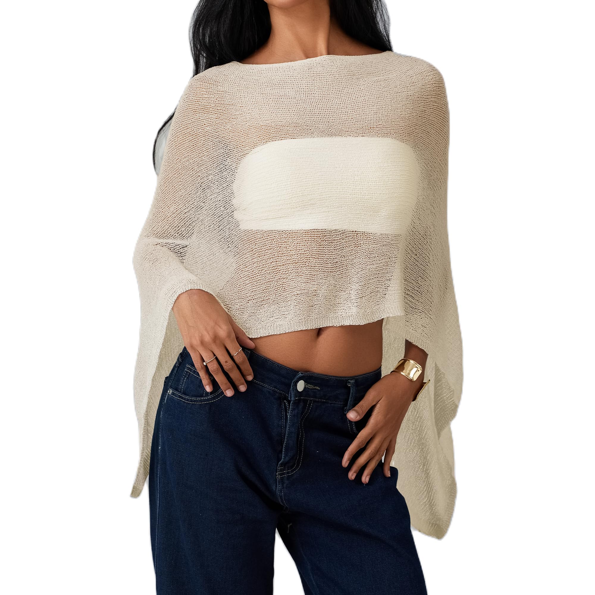 Women Sheer Knit Poncho Y2k See Through Shrug Crochet Mesh Cover Up Lightweight Asymmetrical Beach Shawl Cape Top