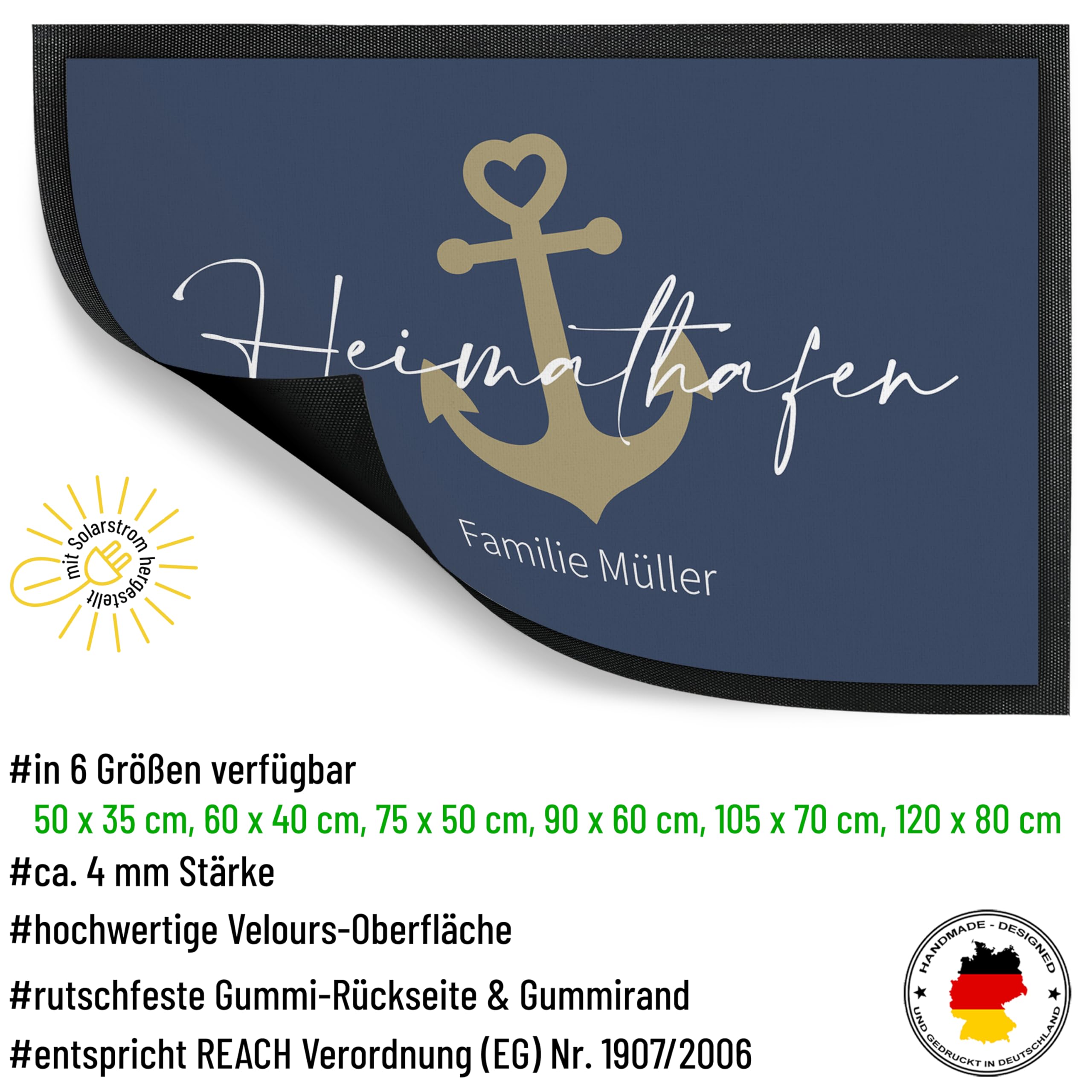 Deko-Fußmatte 75x50 cm „Heimathafen“ personalisiert mit Wunschtext - extra dünne Türmatte mit rutschfester Rückseite & Velours-Oberfläche - Deko-Matte für Flur & Wohnung - Geschenk zum Einzug
