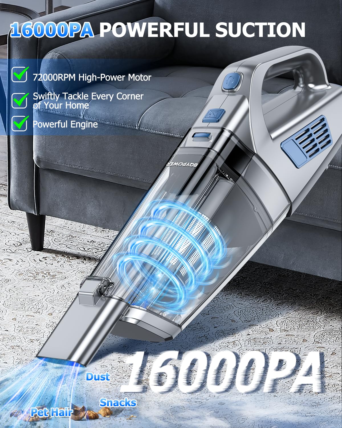 BQYPOWER Aspiradora de mano inalámbrica de 16000 PA, aspiradora de mano de succión fuerte, aspiradora de polvo, inalámbrica, recargable con múltiples accesorios, aspiradora portátil de alta potencia