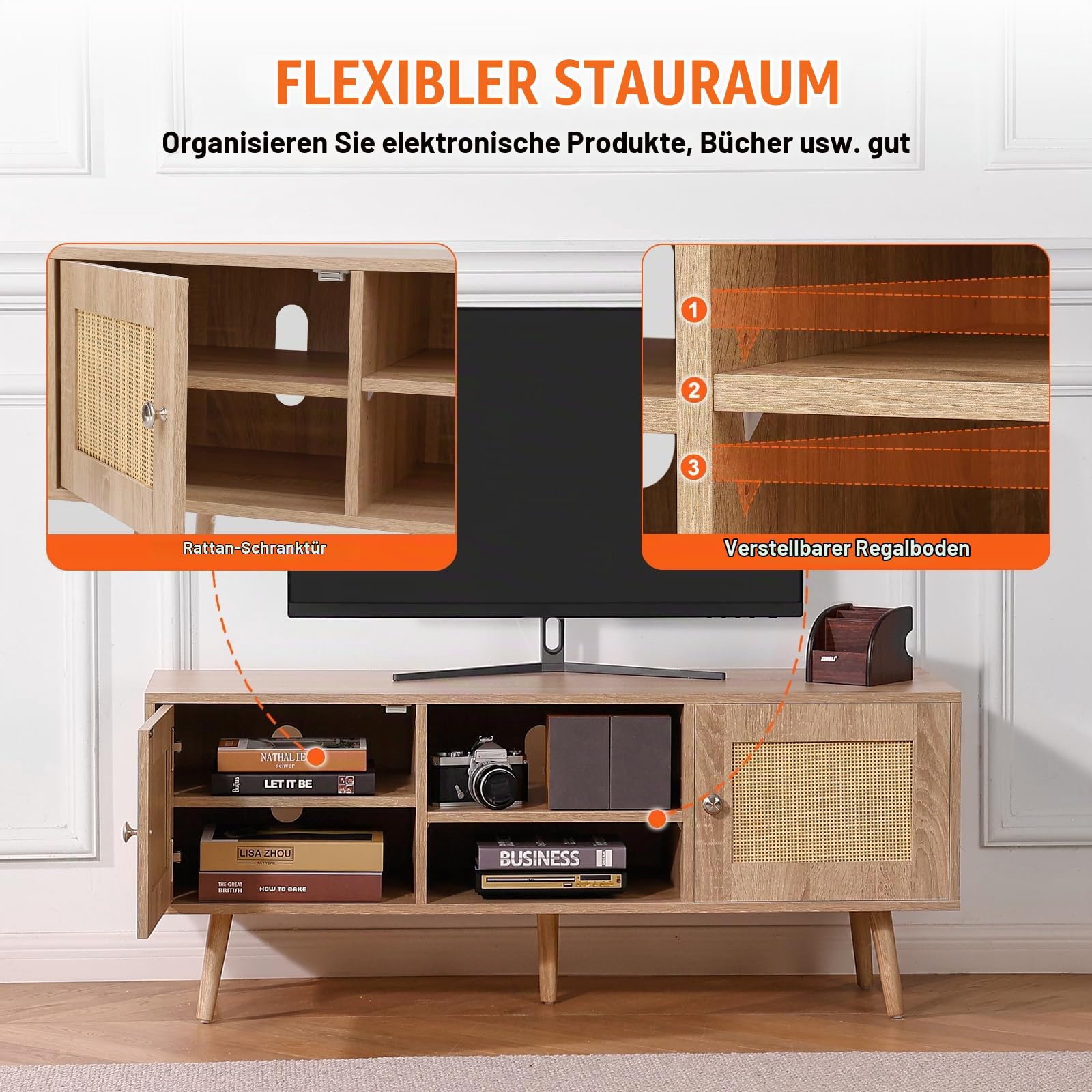 VEVOR Rattan-TV-Ständer, Fernsehschrank Boho-TV-Schrank für 140 cm Fernseher, Retro-TV-Ständer, Rattan-TV-Konsole mit verstellbaren Regalen & 2 Türen, für Wohnzimmer, Medienraum, Eiche