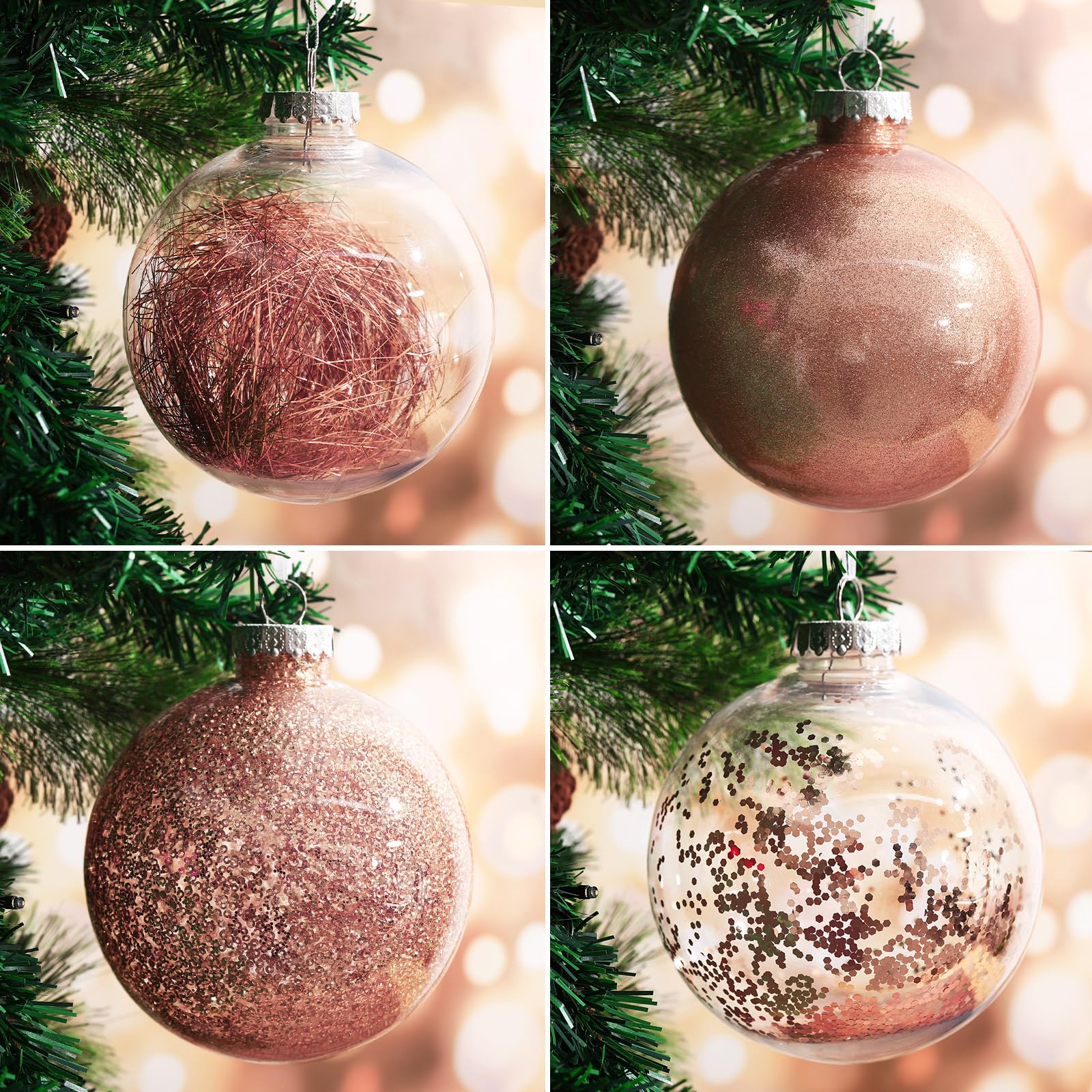 Shappy Lot de 4 grandes boules de Noël en plastique transparent de 15,2 cm avec rembourrage délicat pour décoration de sapin de Noël (or rose)