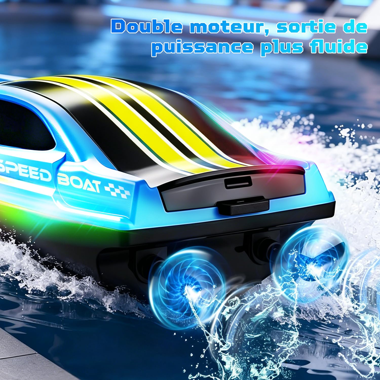 Bateau Télécommandé 2.4GHz RC Boat 7 LED, Vitesse Max 15km/h | double batterie 240min, anti-retournement, portée 80m, Pour piscine et lacs (pas eau salée), Cadeau pour enfants