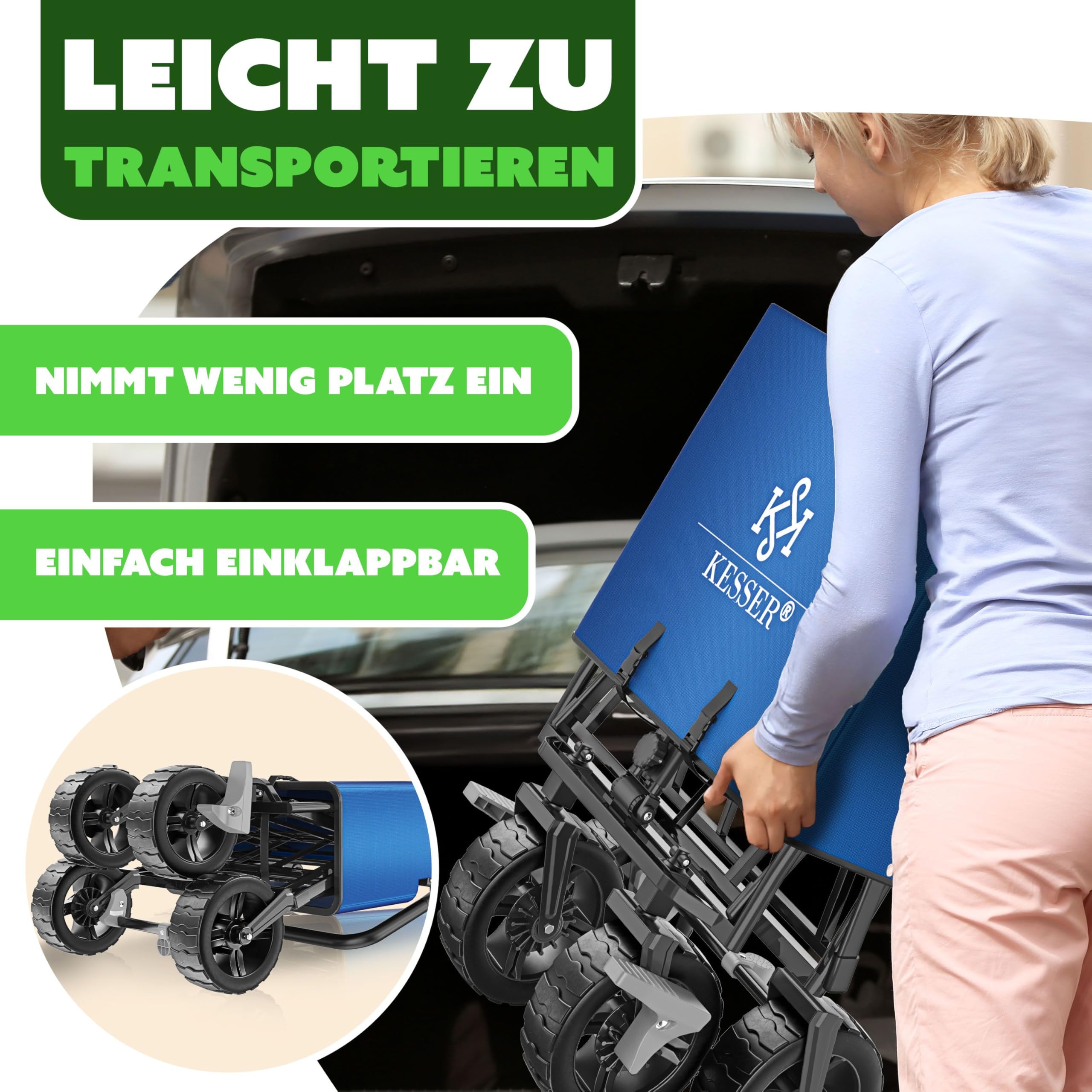 KESSER® Carrello pieghevole XXL con tettuccio GT9000, carrello pieghevole fino a 150 kg, per bambini, spiaggia, campeggio e giardino, grande carrello di trasporto con ruote in gomma rigida, freni