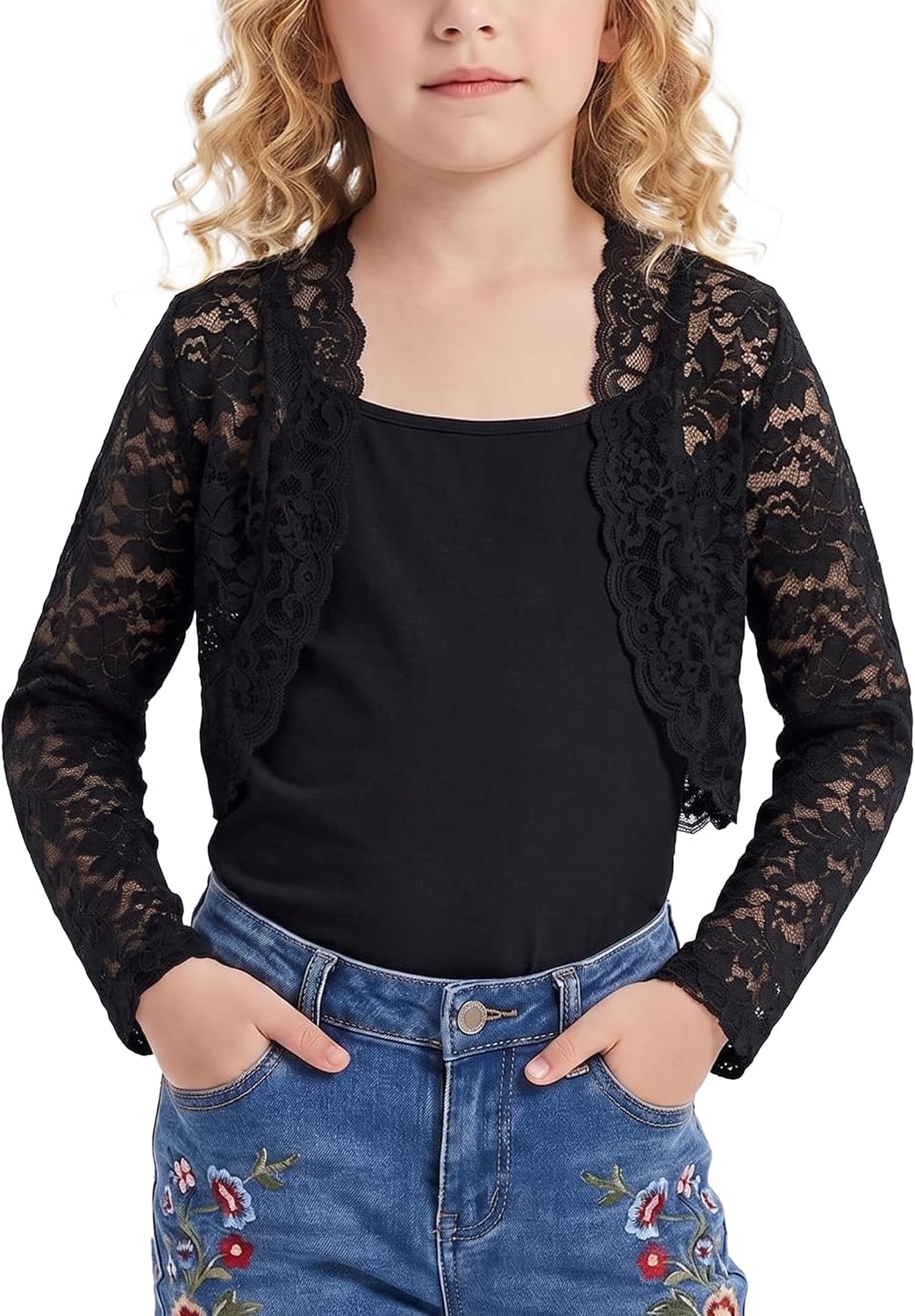 Girls Open Front Bolero Shrug Kids Long Sleeve Cropped Elegant Cardigan for 5-14 Years