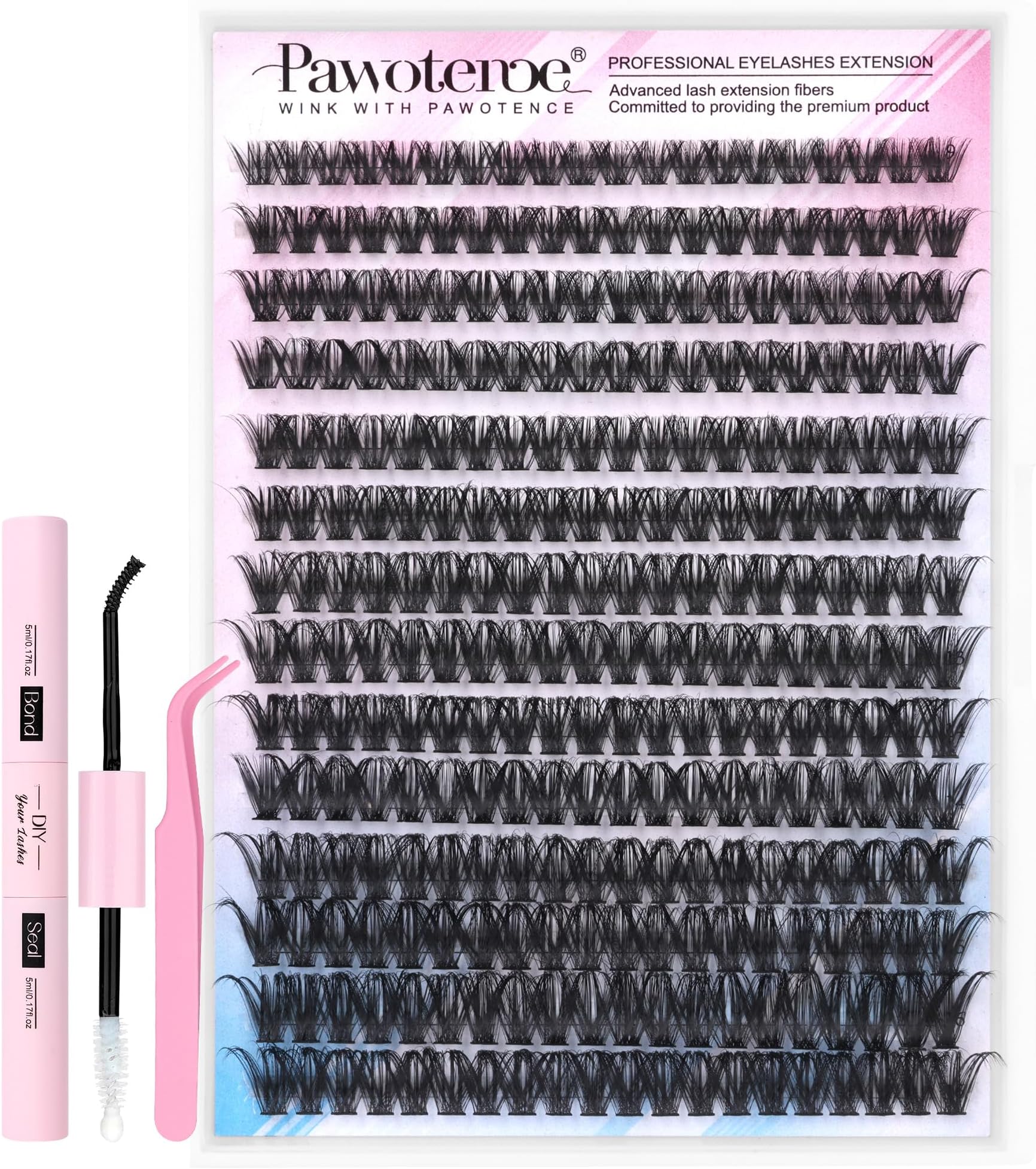 Pawotence Lash Extension Kit DIY 280pcs Individual Lash Clusters Kit 50D 9-16mm Cluster Eyelash Extensions Kit with Lash Bond and Seal, Lash Tweezers for Self Application (50D, 0.07D, 9-16mm, Kit)