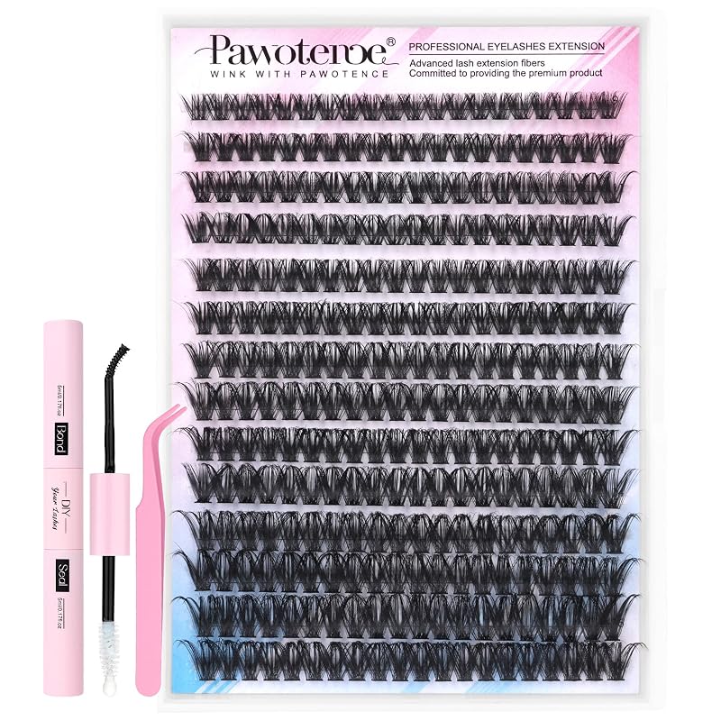 Pawotence Kit de cílios postiços em tufos individuais 280 unidades 50D 0.07D 9–16 mm com adesivo, selante e pinça