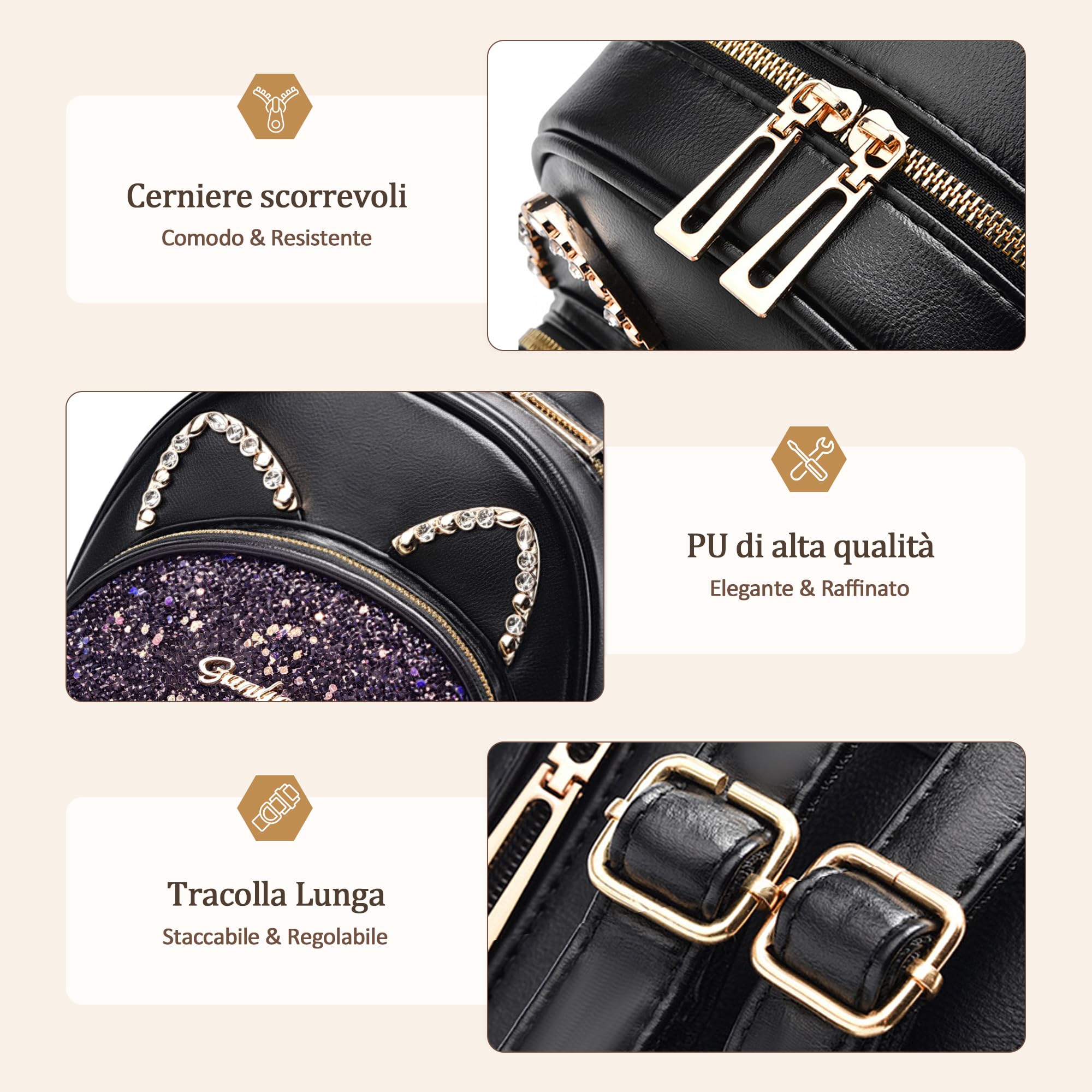 Zaino da Donna Carino Gatto Borse a Zainetto da donna Mini Leggero Antifurto Borsa a Tracolla Pelle Impermeabile per Ragazza Viaggio Scuola Lavoro Datazione Studentessa Nero