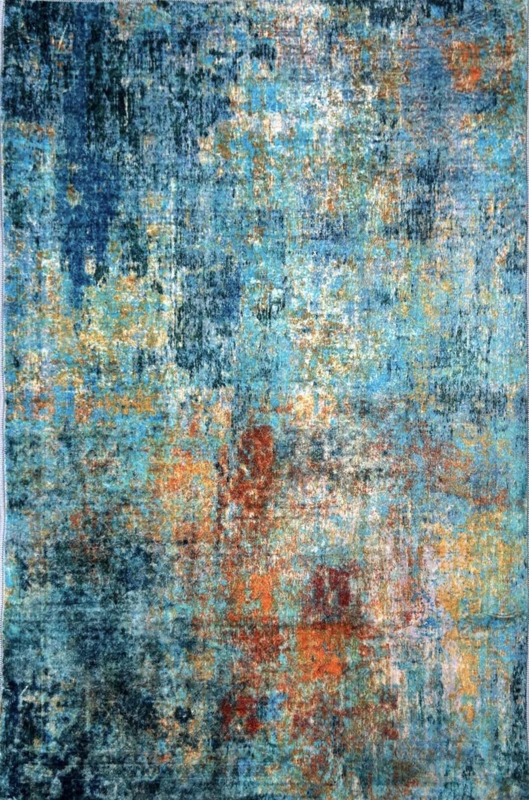 Washable Area Rugs 8'x10' Non-Slip Modern Abstract Soft for Living Room Entryway Bedroom Nursery, Print Pattern, Teal Blue Green Orange Rust Red Colorful