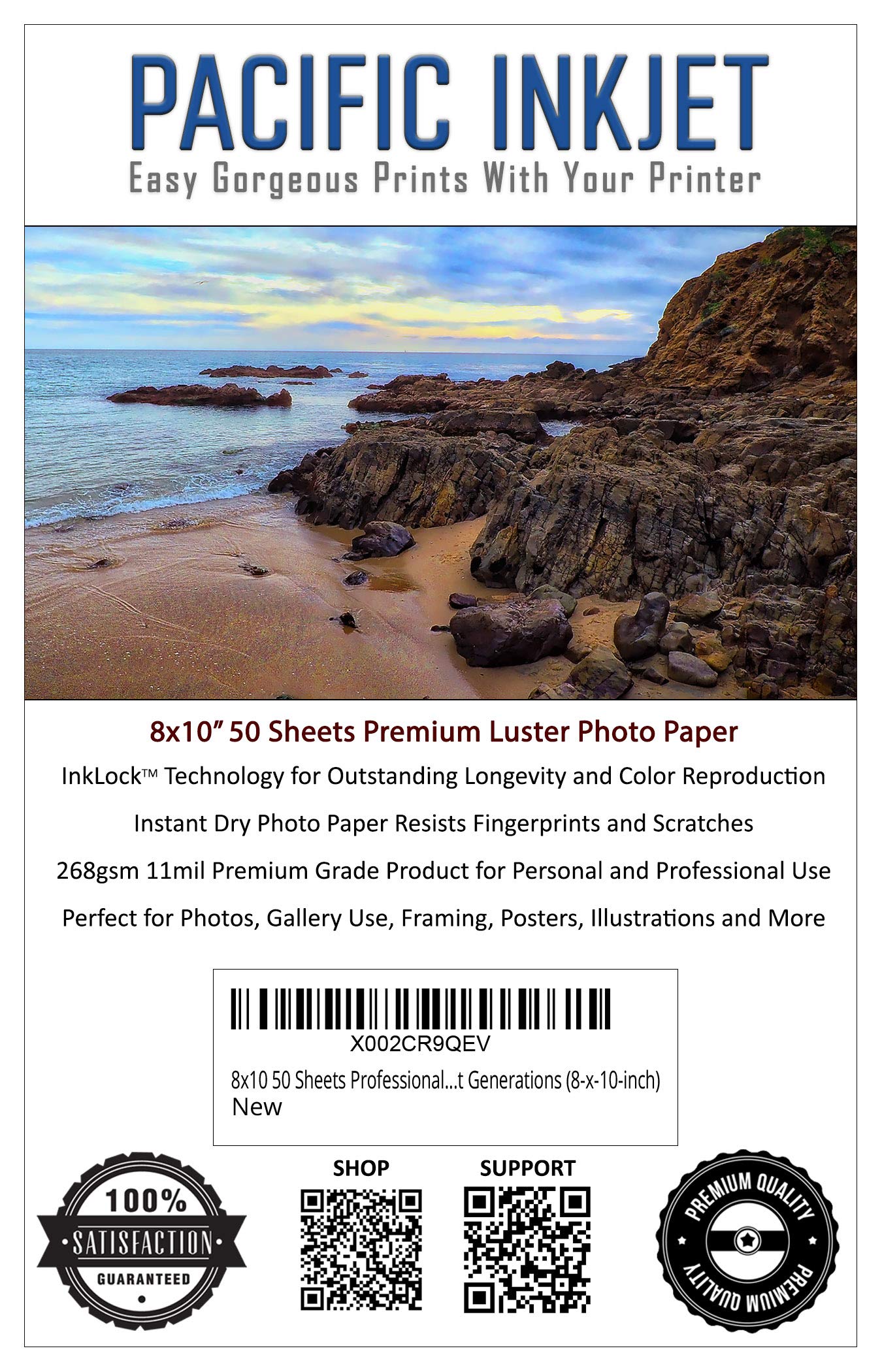 Pacific Inkjet 8x10 50 Sheets Professional Quality Luster Photo Printing Paper 11mil 268gsm For Photo Prints That Last Generations (8-x-10-inch)