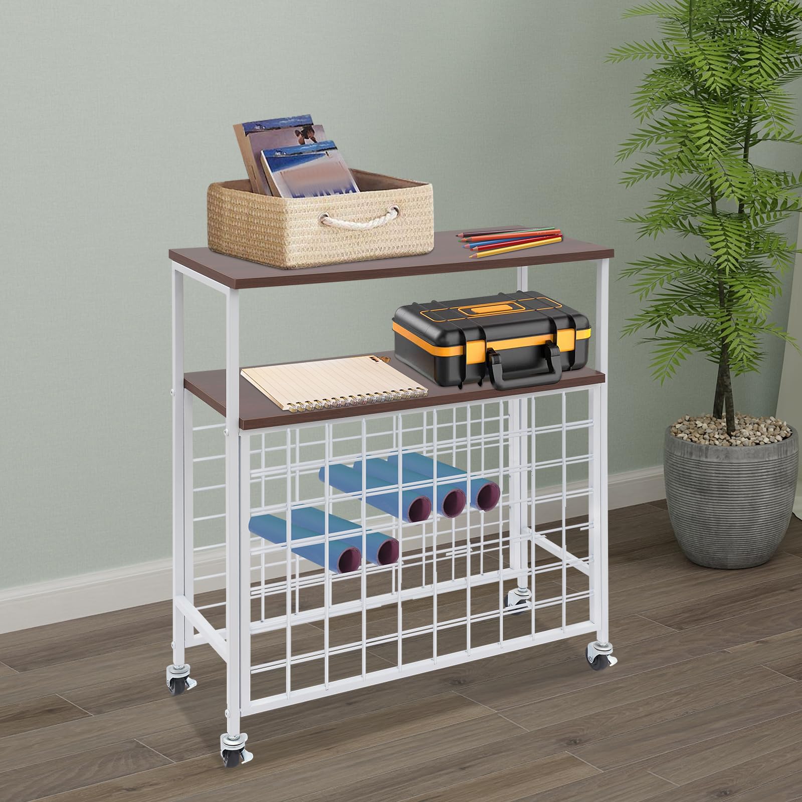 Porte-rouleaux de papier en vinyle - Chariot de rangement avec 70 supports pour rouleaux de vinyle - Organisateur de bricolage et rangement pour salle de bricolage - Blanc