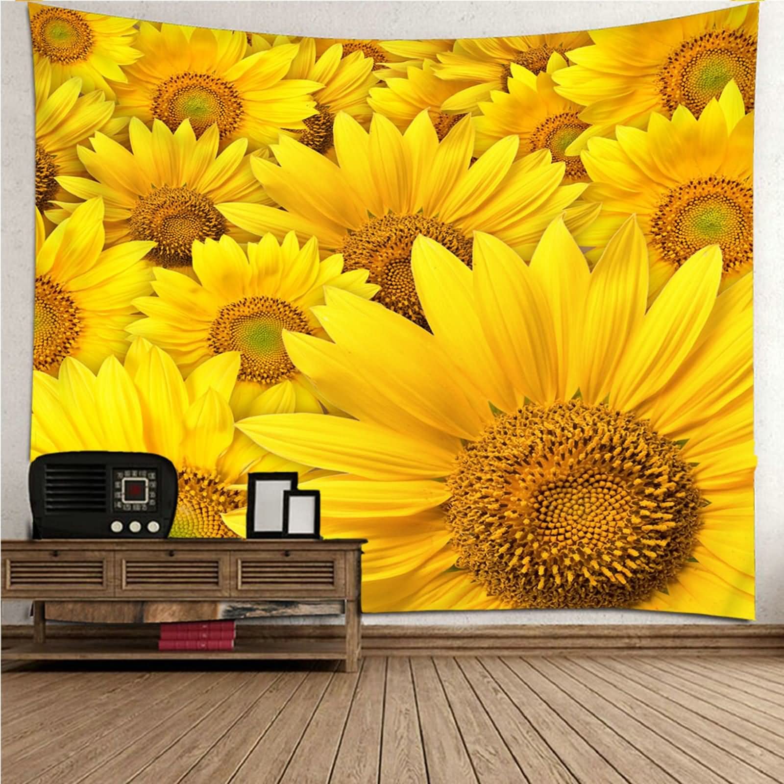 Tapices Navideños, Decoración Rústica Pared Girasol Flor Tema Floral Poliéster Amarillo 260x240CM