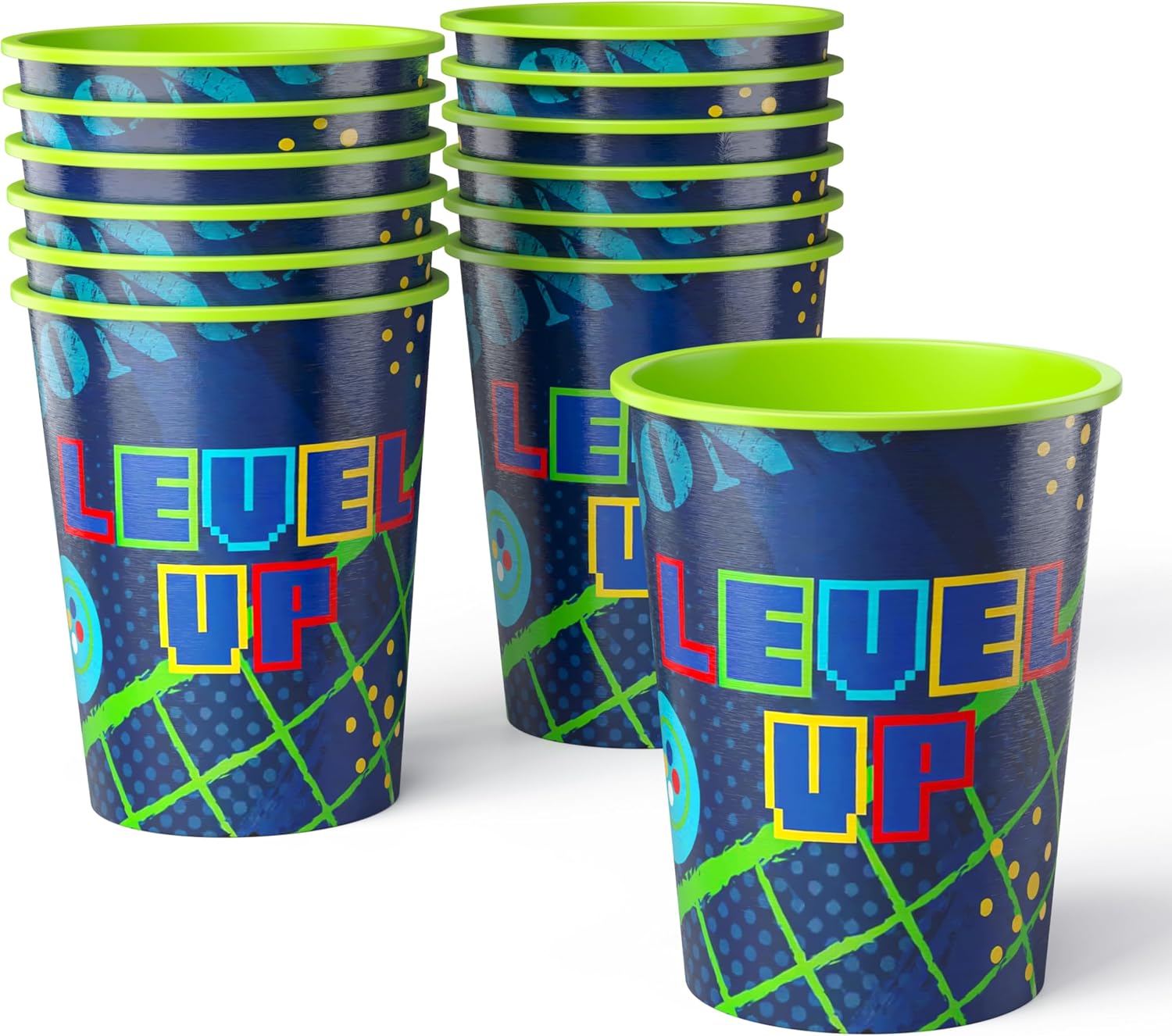 Amscan Pack of 12 Reusable 16 oz Plastic Cups – Durable Party Cups for Kids, Stackable and BPA-Free – Fun Level Up Gaming Theme Design for Birthdays, Parties, Summer & More
