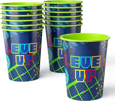 Amscan Pack of 12 Reusable 16 oz Plastic Cups Durable Party Cups for Kids, Stackable and BPA-Free Fun Level Up Gaming Theme Design for Birthdays, Parties, Summer & More