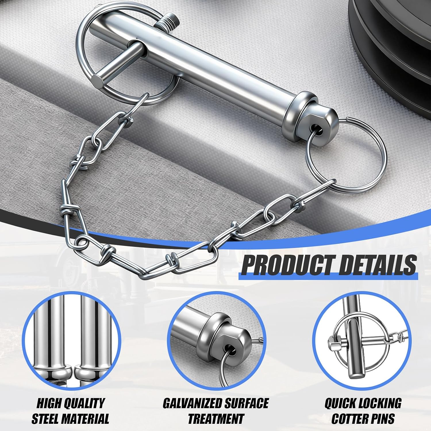 1 Pcs Trailer Drop Foot Jack Replacement Pin 9/16 Inch Diameter, 3-1/2 Inches Total Length, 2-5/8 Inches Effective Length Galvanized Steel Strip Chain Cotter Pin 7000 Lbs Load Capacity