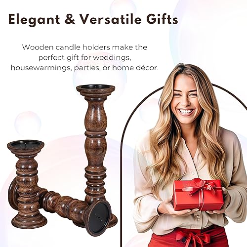 Miniatura 6 de Juego de 3 portavelas de madera, hecho a mano (15 pulgadas, 12 pulgadas, 9 pulgadas), portavelas decorativo de madera de mango rústico para el