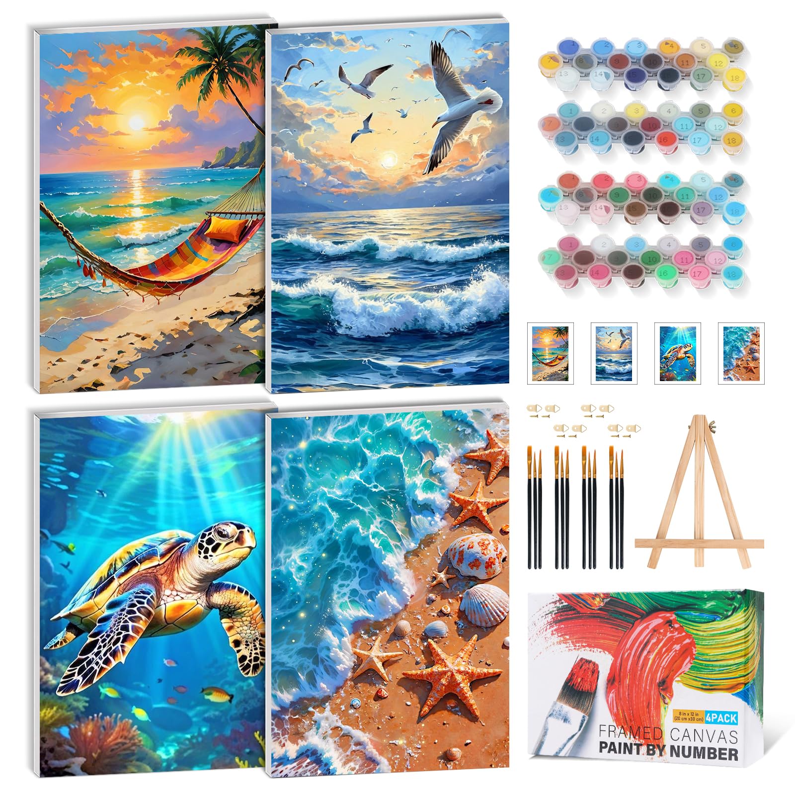 GEEHEIY 4 Pack Paint by Numbers for Adults with Frame, Beach Easy Paint by Number Kits on Canvas Framed, Sunset DIY Acrylic Oil Painting by Numbers with Frame for Gift Home Decor(8 x 12 inch)