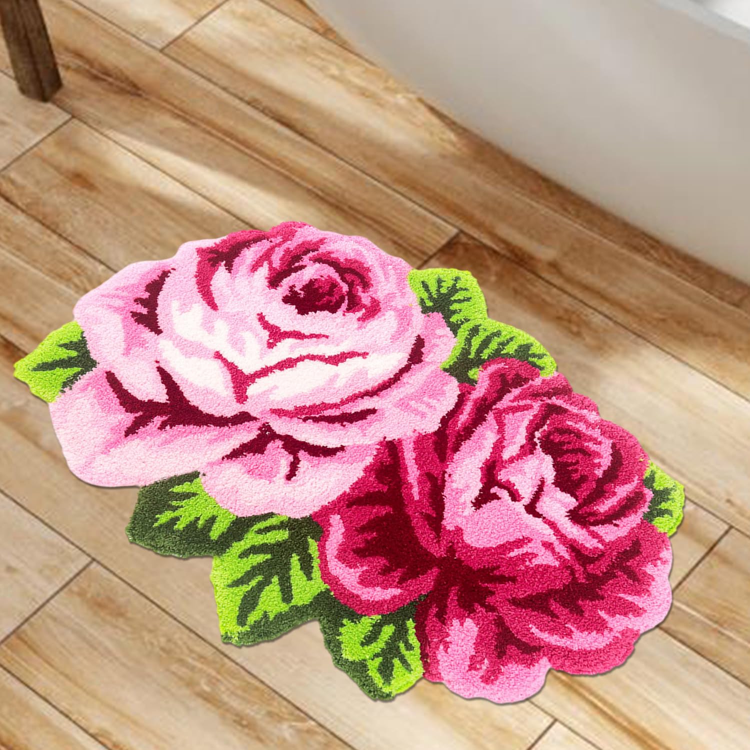 Feblilac Pink Flowers Bath Rug, Floral Rose Shape Decor Non-Slip Mat for Bathroom Cute Plant Floor Carpet, Washable Microfiber Area Rugs for Living