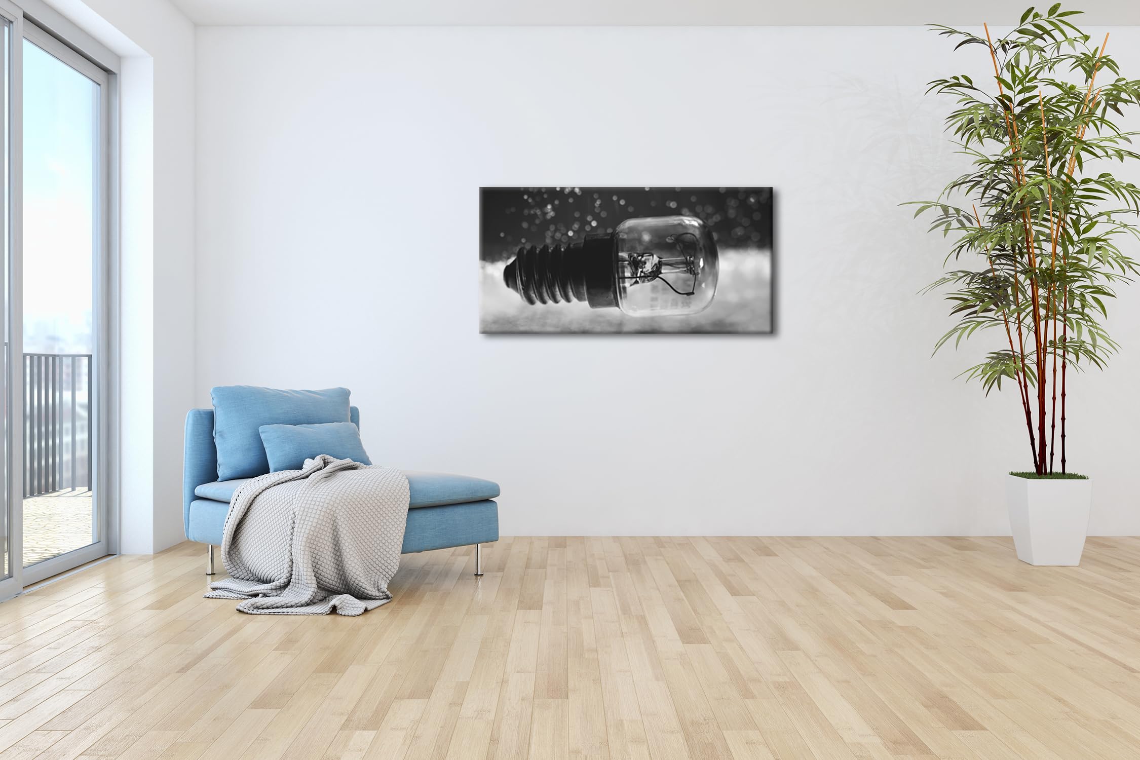 deyoli Bombilla de rosca panorámica 100 x 50 cm, efecto: negro/blanco como lienzo, diseño enmarcado sobre marco de madera auténtica, impresión digital de alta calidad con marco