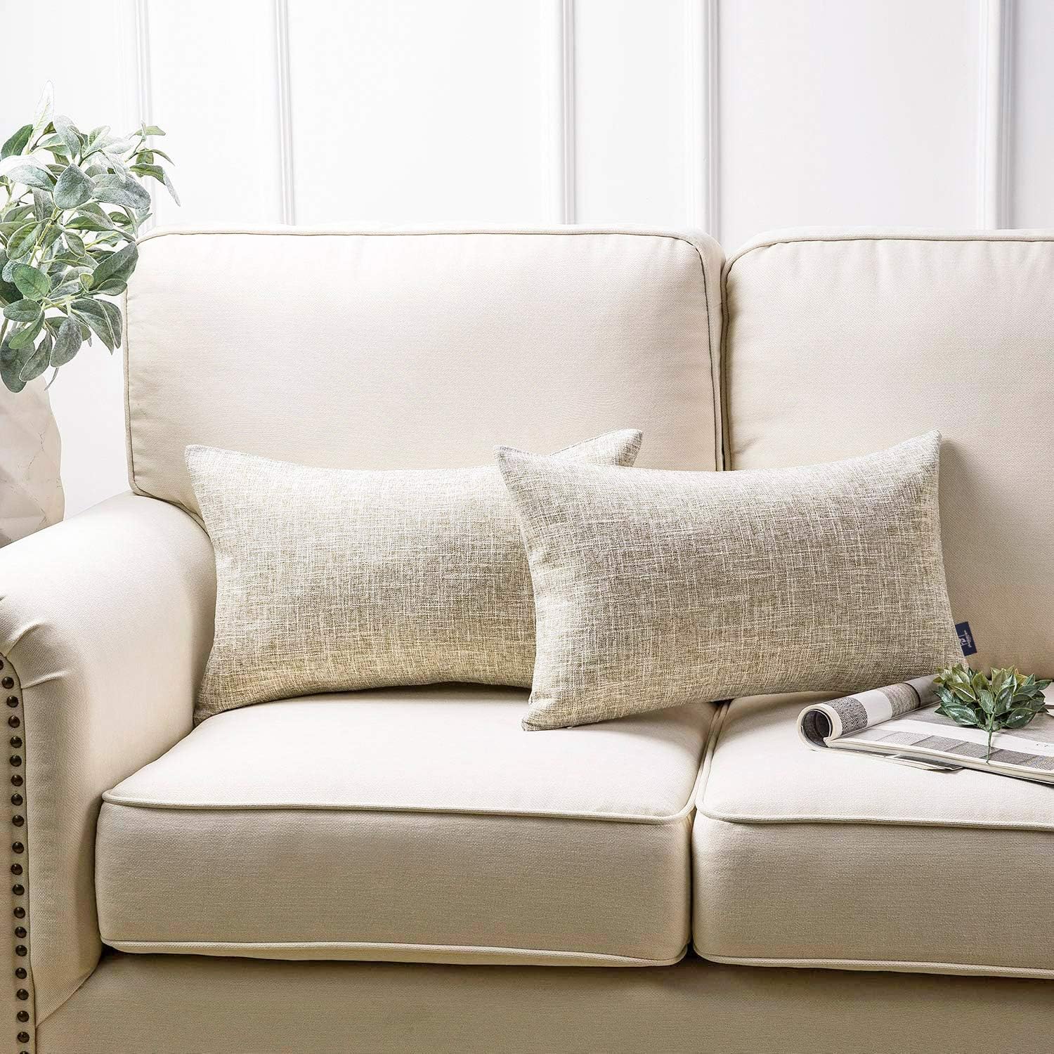 Phantoscope Throw Pillow Cover Textured Faux Linen Series Decorative Cushion Covers for Home Decor Sofa Pack of 2, Beige 12 x 20 inches 30 x 50 cm